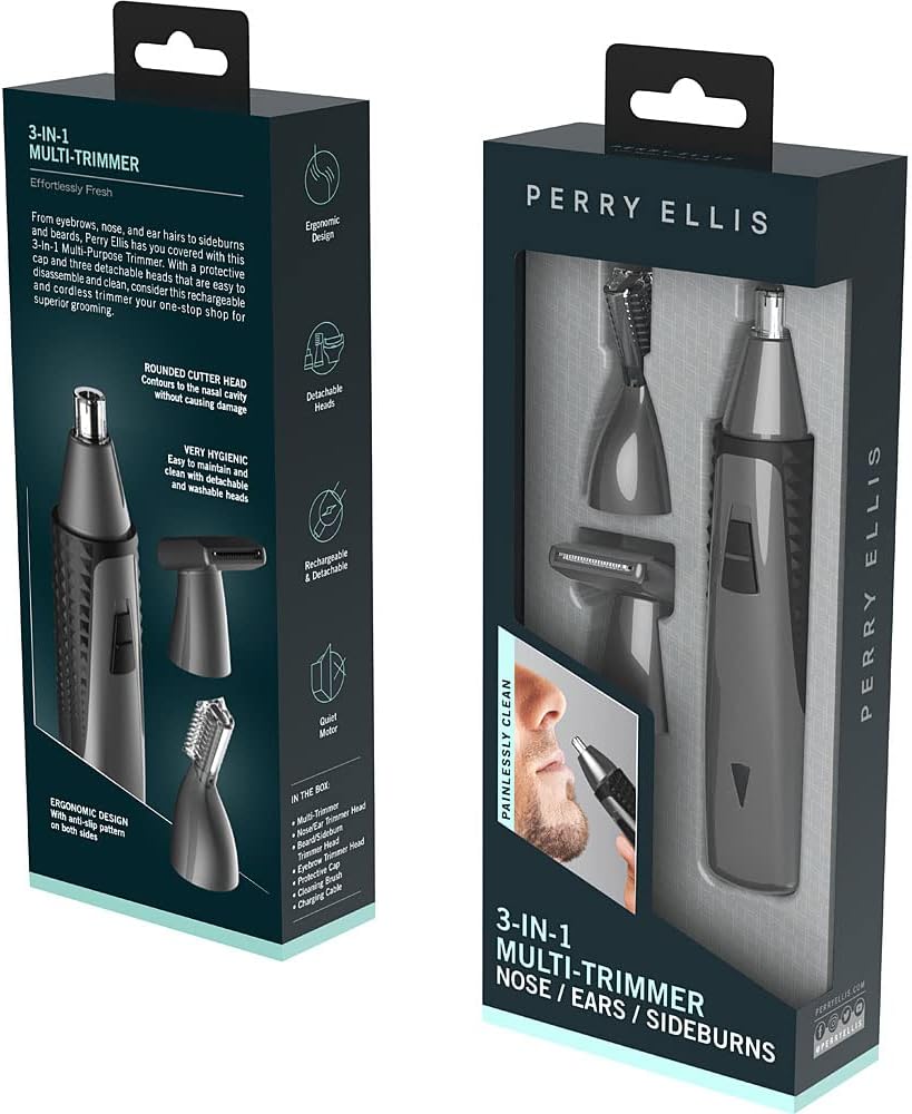 Perry Ellis Rechargeable Ear and Nose Hair Trimmer for Men, 3 Detachable Heads for Sideburn, Eyebrow, Nose, Ear, Beard Trimmer for Men