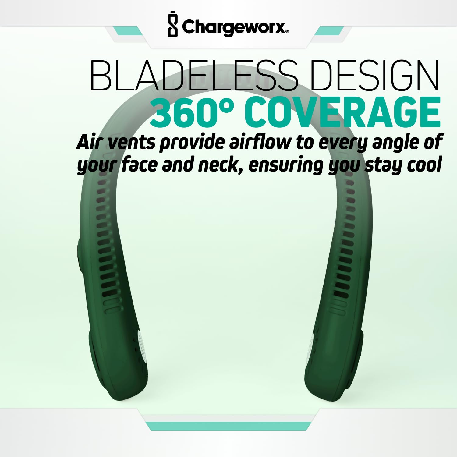 Chargeworx Neck Fan with 5 Adjustable Modes, 4000 mAh Battery, USB Rechargeable, Bladeless Fan Design, Super Quiet Fan with 360° Coverage, Great for Summer, Outdoors (Black)