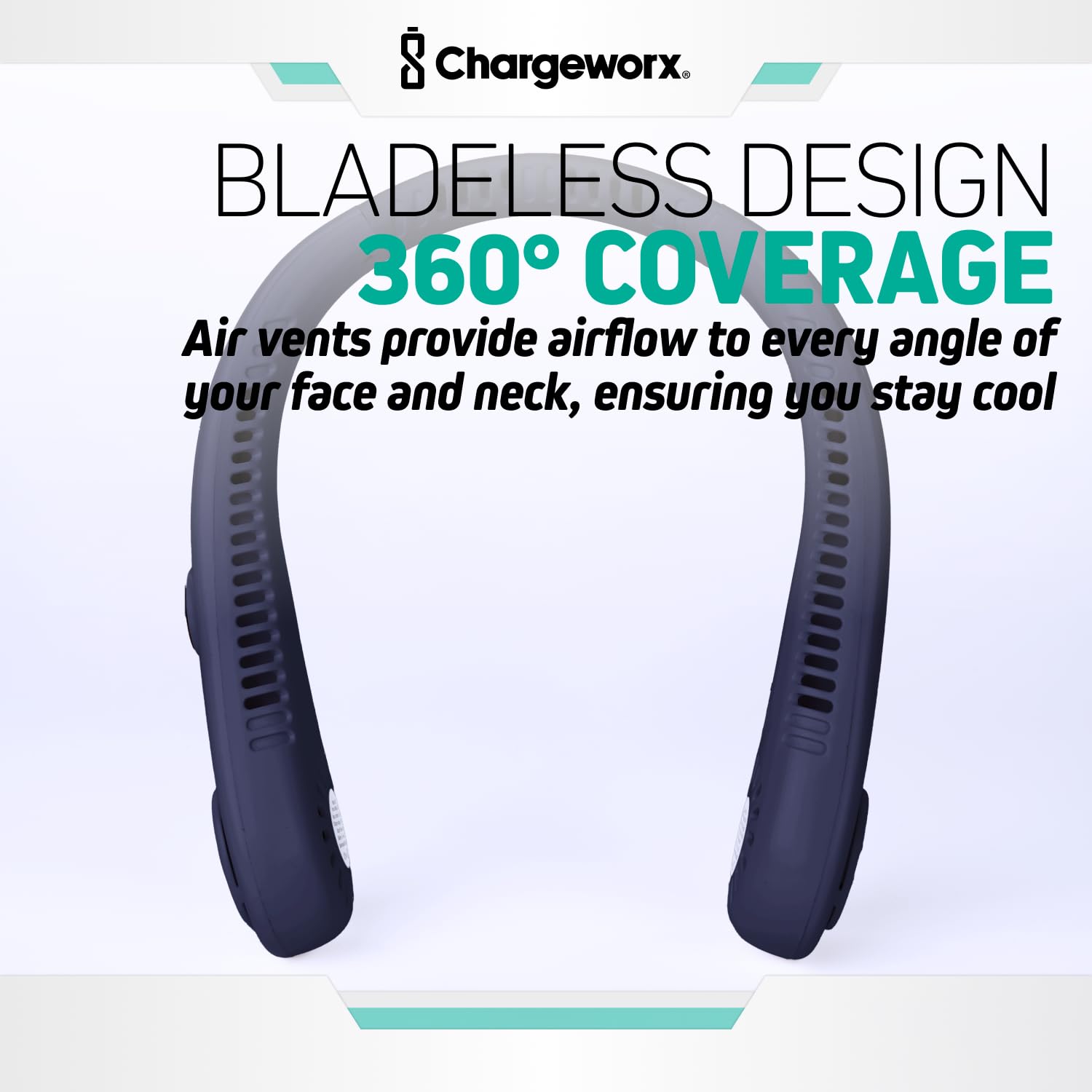 Chargeworx Neck Fan with 5 Adjustable Modes, 4000 mAh Battery, USB Rechargeable, Bladeless Fan Design, Super Quiet Fan with 360° Coverage, Great for Summer, Outdoors (Black)