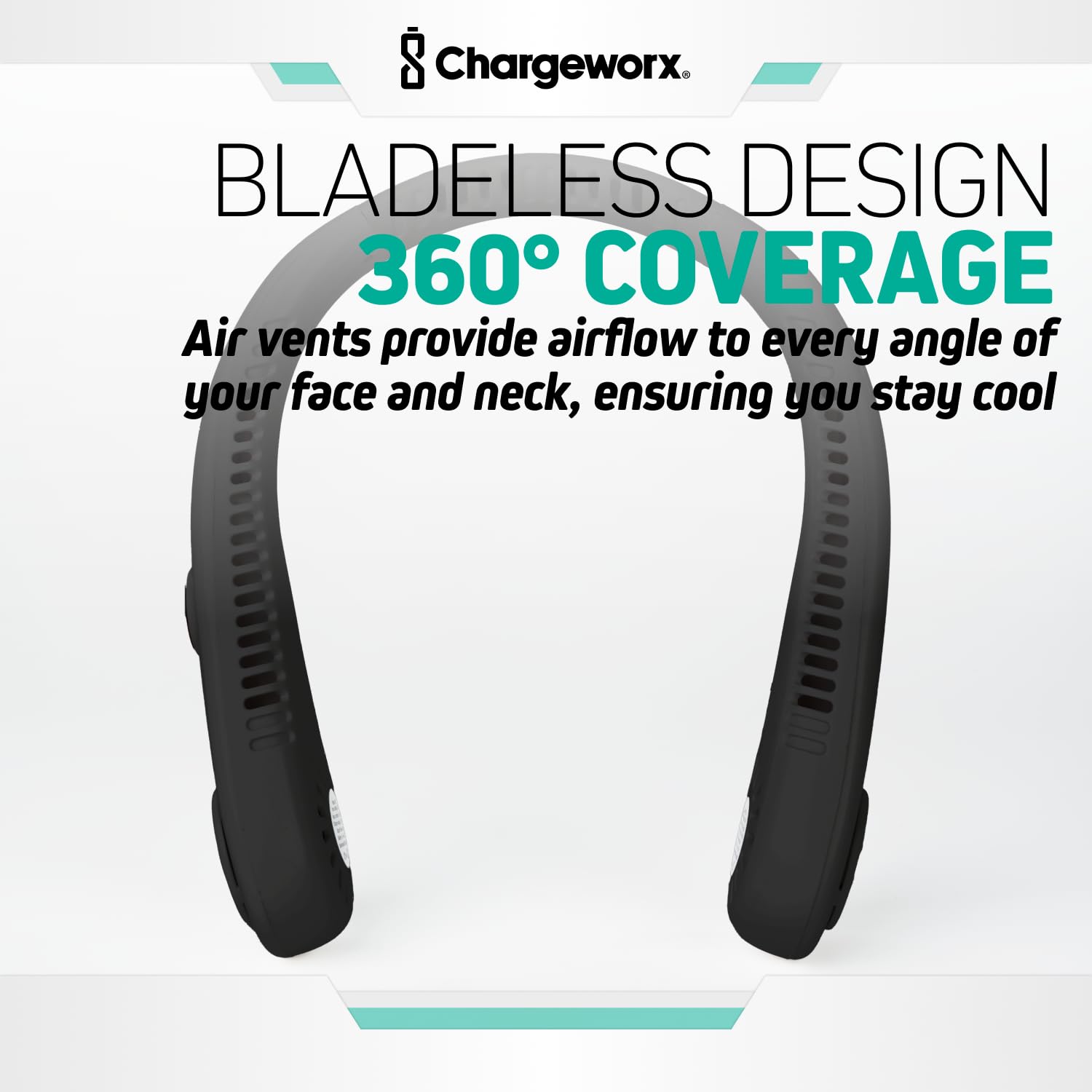 Chargeworx Neck Fan with 5 Adjustable Modes, 4000 mAh Battery, USB Rechargeable, Bladeless Fan Design, Super Quiet Fan with 360° Coverage, Great for Summer, Outdoors (Black)