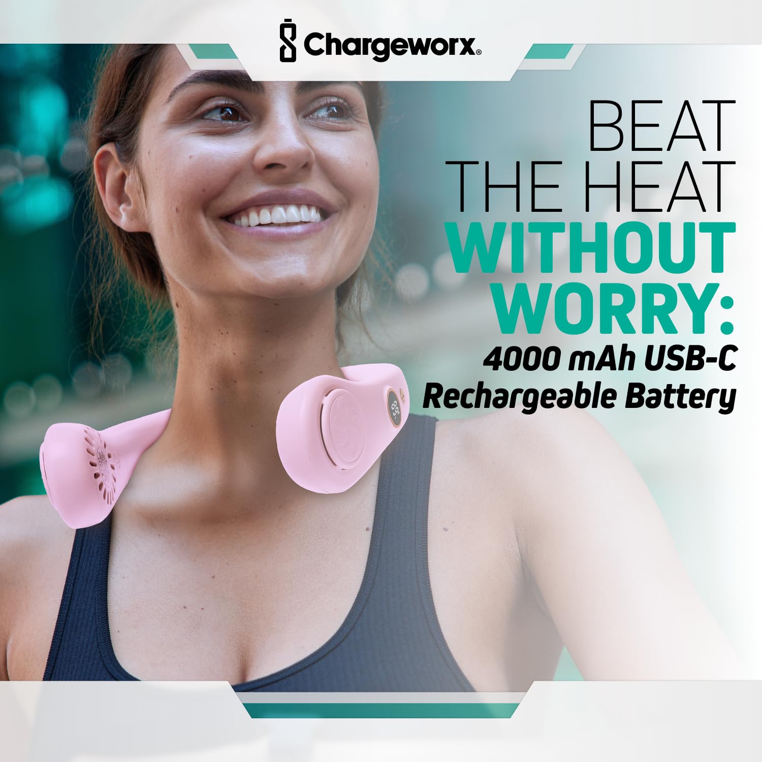 Chargeworx Neck Fan with 5 Adjustable Modes, 4000 mAh Battery, USB Rechargeable, Bladeless Fan Design, Super Quiet Fan with 360° Coverage, Great for Summer, Outdoors (Black)