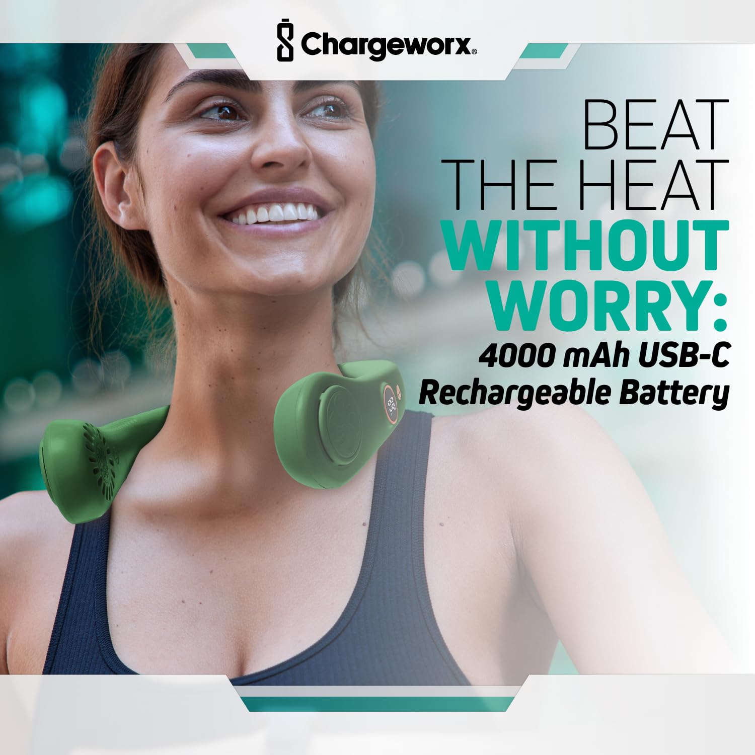 Chargeworx Neck Fan with 5 Adjustable Modes, 4000 mAh Battery, USB Rechargeable, Bladeless Fan Design, Super Quiet Fan with 360° Coverage, Great for Summer, Outdoors (Black)