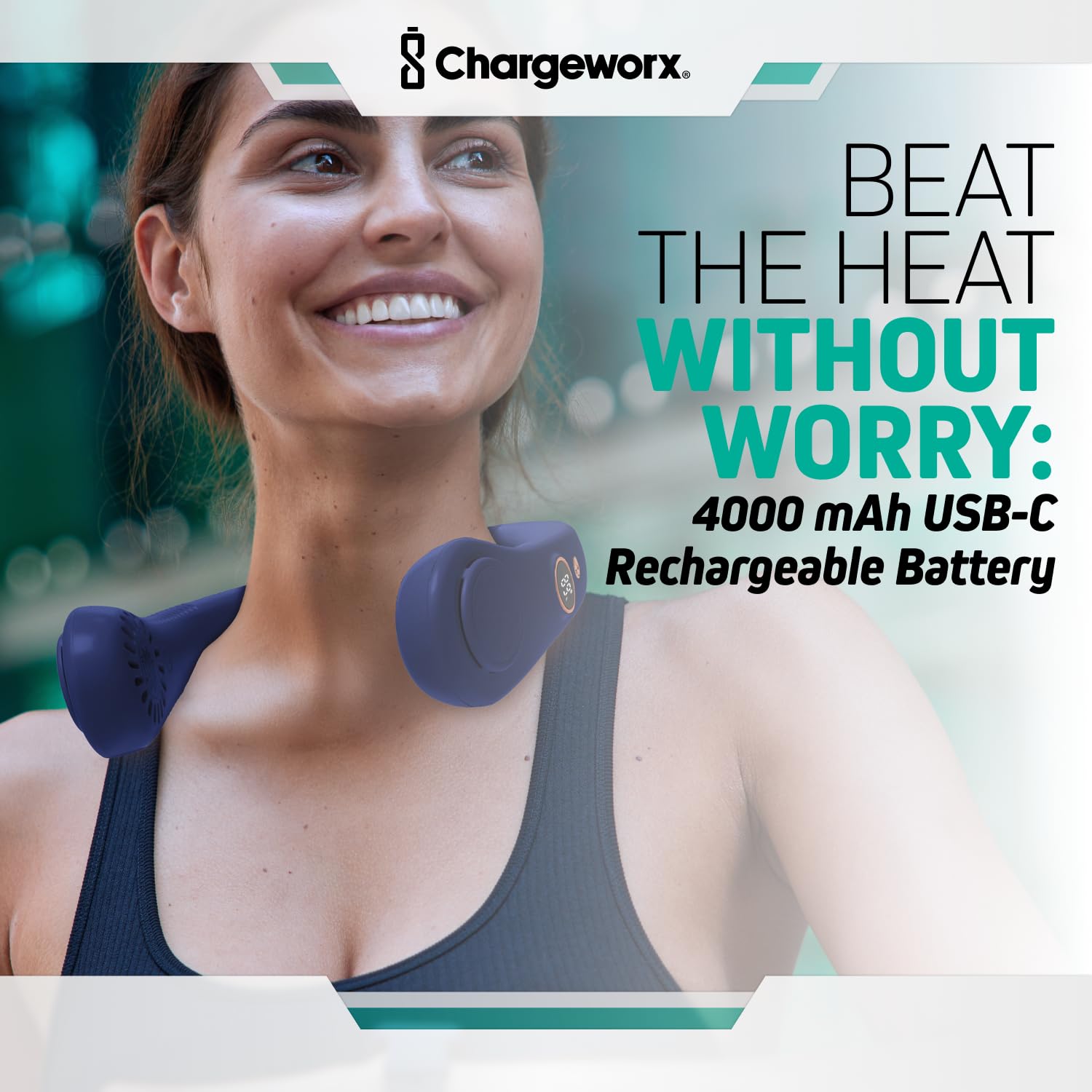 Chargeworx Neck Fan with 5 Adjustable Modes, 4000 mAh Battery, USB Rechargeable, Bladeless Fan Design, Super Quiet Fan with 360° Coverage, Great for Summer, Outdoors (Black)