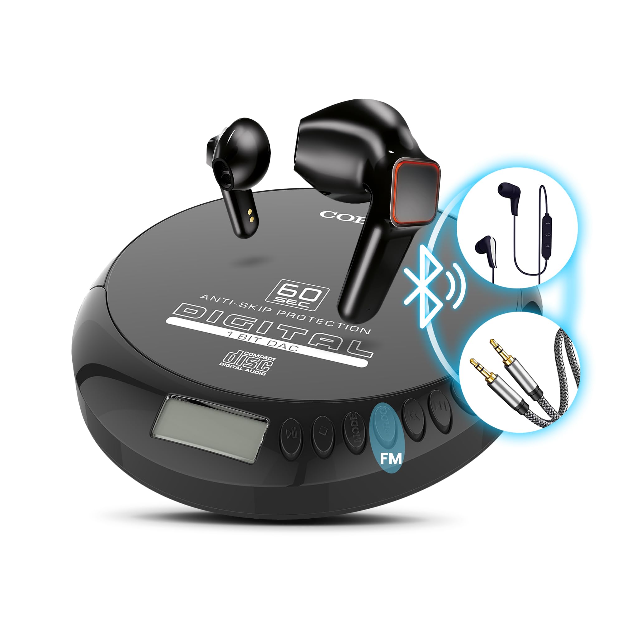 Coby CD Player Portable CD Player with Bluetooth & Wireless Earbuds