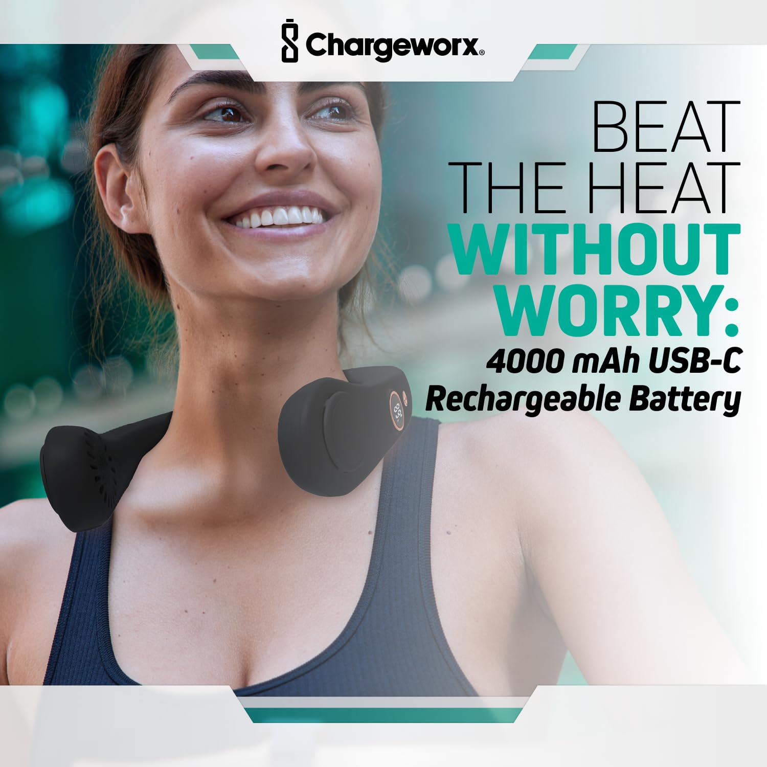 Chargeworx Neck Fan with 5 Adjustable Modes, 4000 mAh Battery, USB Rechargeable, Bladeless Fan Design, Super Quiet Fan with 360° Coverage, Great for Summer, Outdoors (Black)