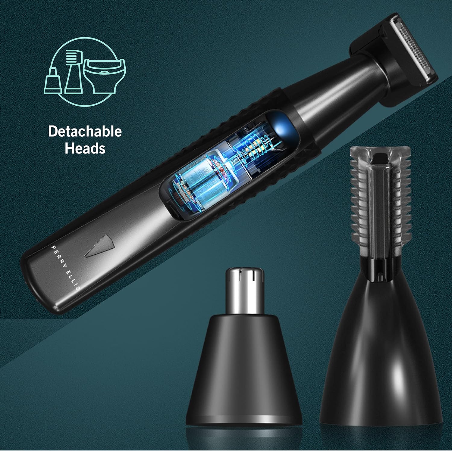 Perry Ellis Rechargeable Ear and Nose Hair Trimmer for Men, 3 Detachable Heads for Sideburn, Eyebrow, Nose, Ear, Beard Trimmer for Men