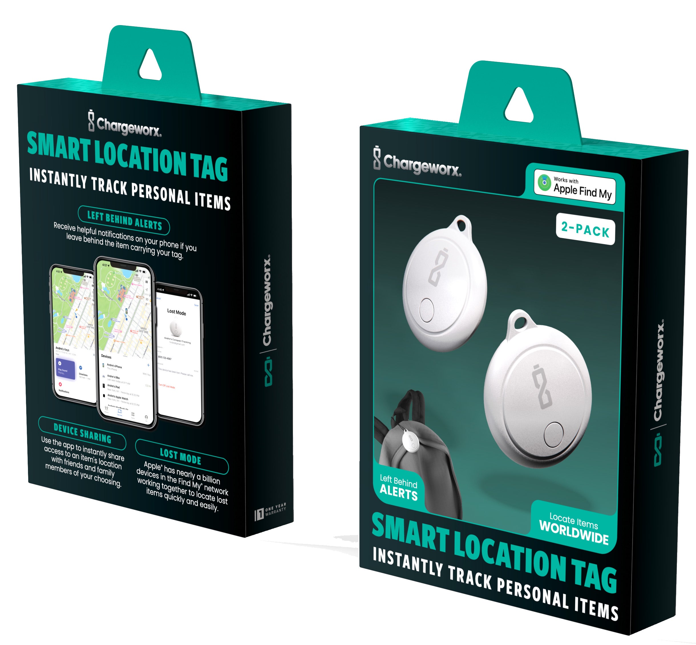 Chargeworx Smart Location Tag – 2 Pack, Instantly Track Personal Items Using Apple Find My Network