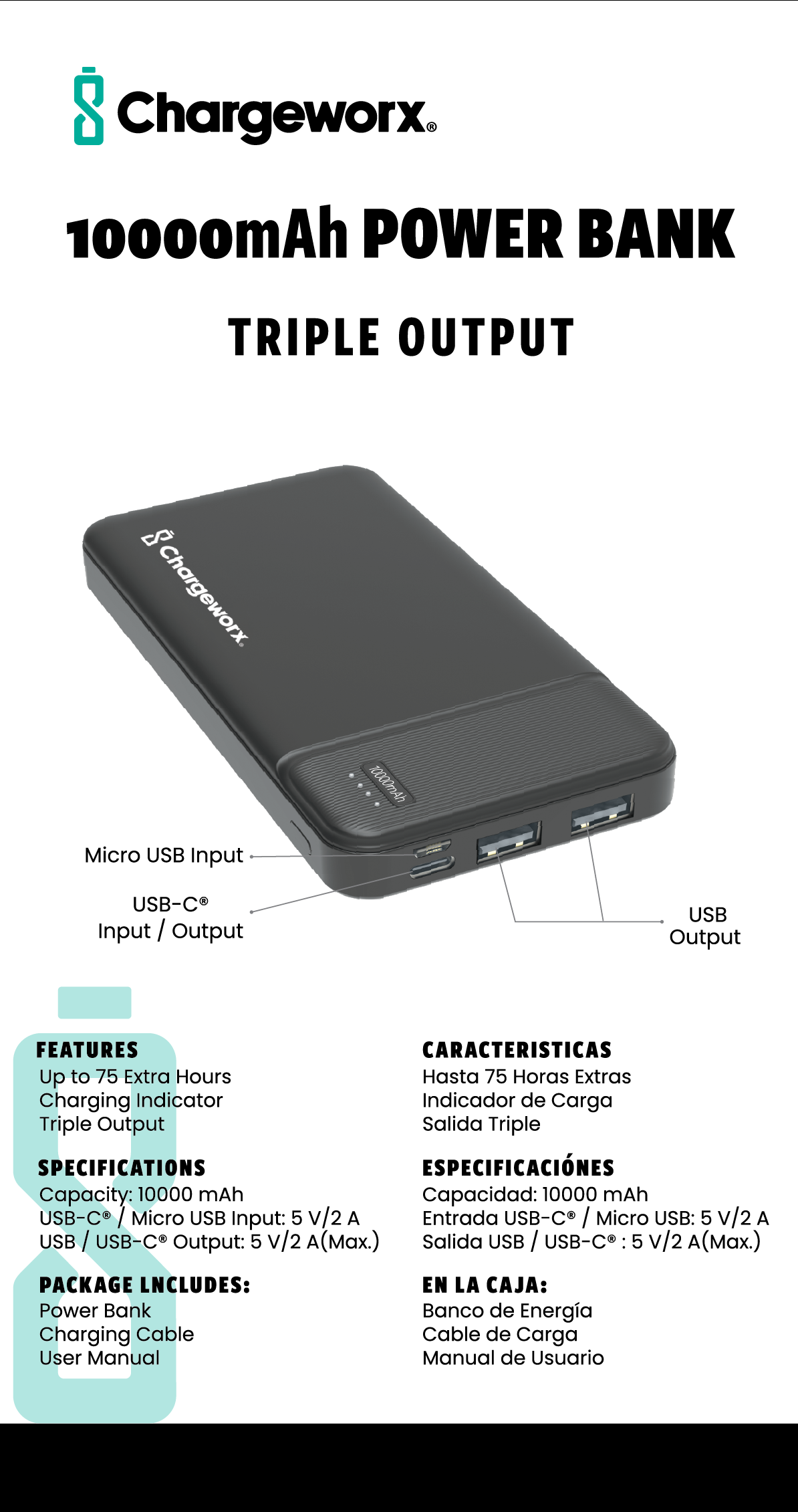 Chargeworx 10000mAh Power Bank – Portable Charger with Triple Output | USB-C, Micro USB & USB Ports | Up to 75 Extra Hours | Compact External Battery Pack for Phones, Tablets & More