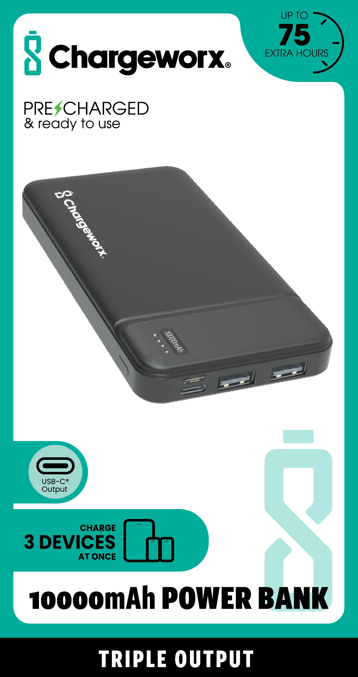 Chargeworx 10000mAh Power Bank – Portable Charger with Triple Output | USB-C, Micro USB & USB Ports | Up to 75 Extra Hours | Compact External Battery Pack for Phones, Tablets & More