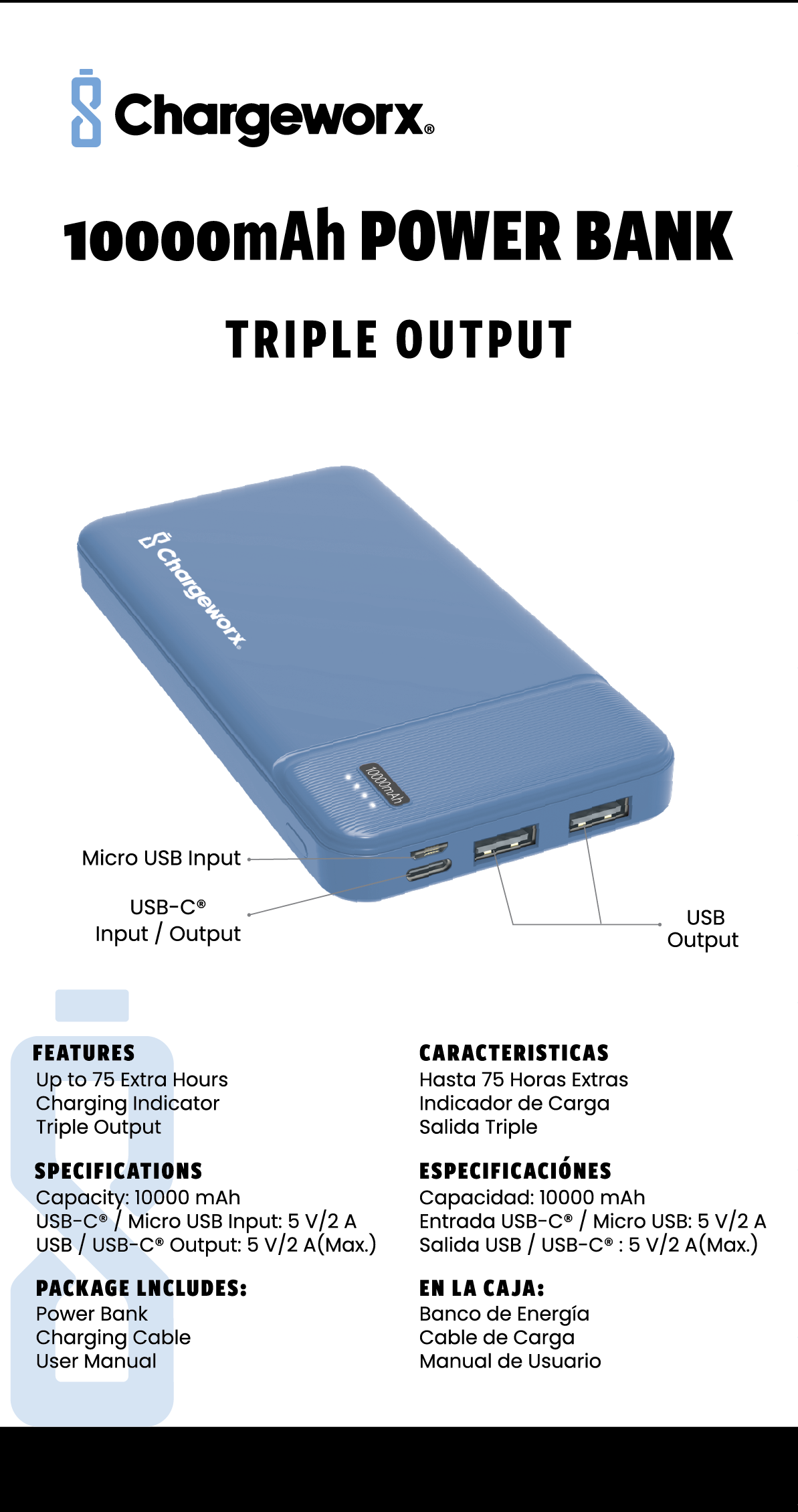 Chargeworx 10000mAh Power Bank – Portable Charger with Triple Output | USB-C, Micro USB & USB Ports | Up to 75 Extra Hours | Compact External Battery Pack for Phones, Tablets & More