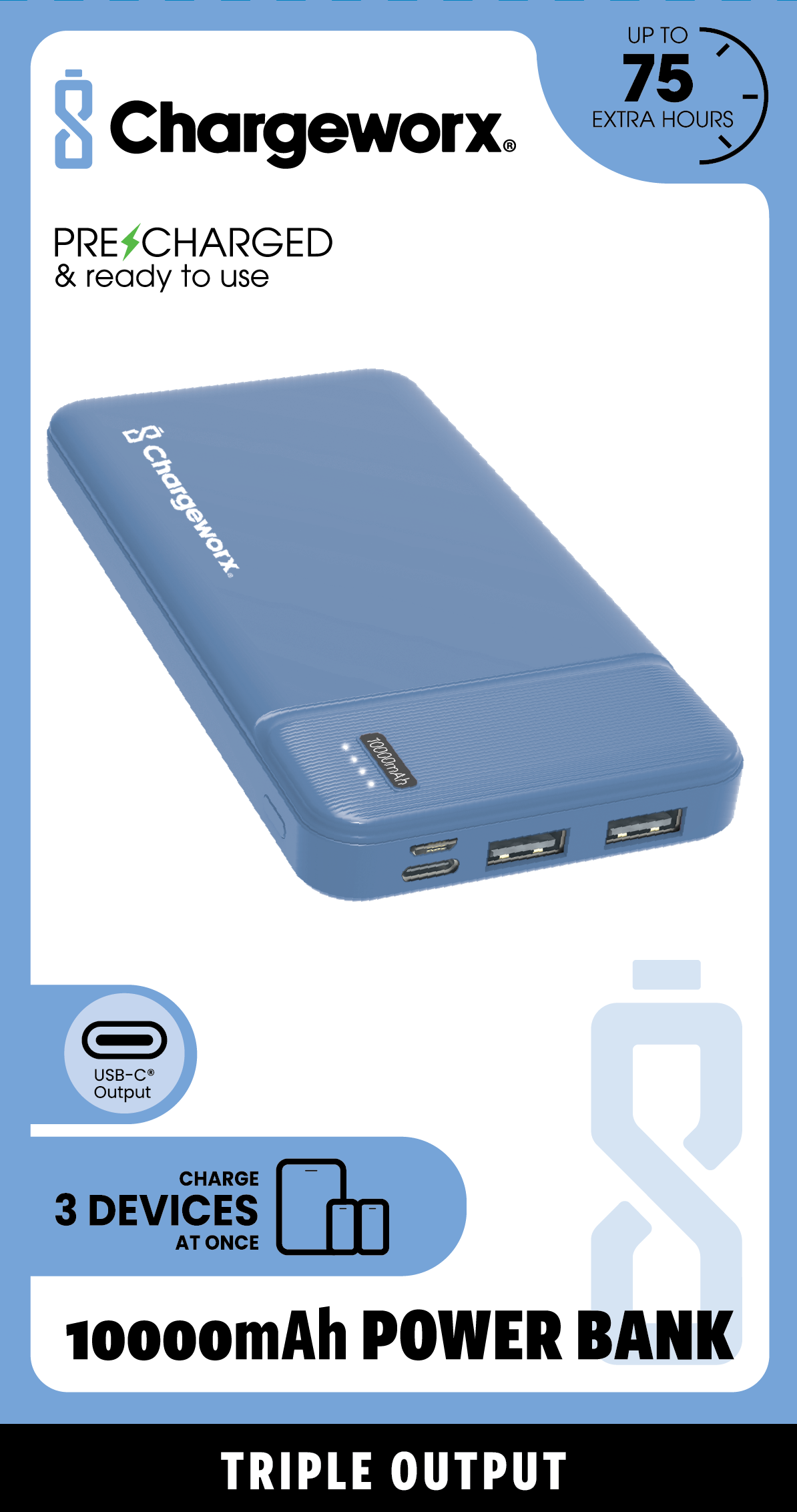 Chargeworx 10000mAh Power Bank – Portable Charger with Triple Output | USB-C, Micro USB & USB Ports | Up to 75 Extra Hours | Compact External Battery Pack for Phones, Tablets & More