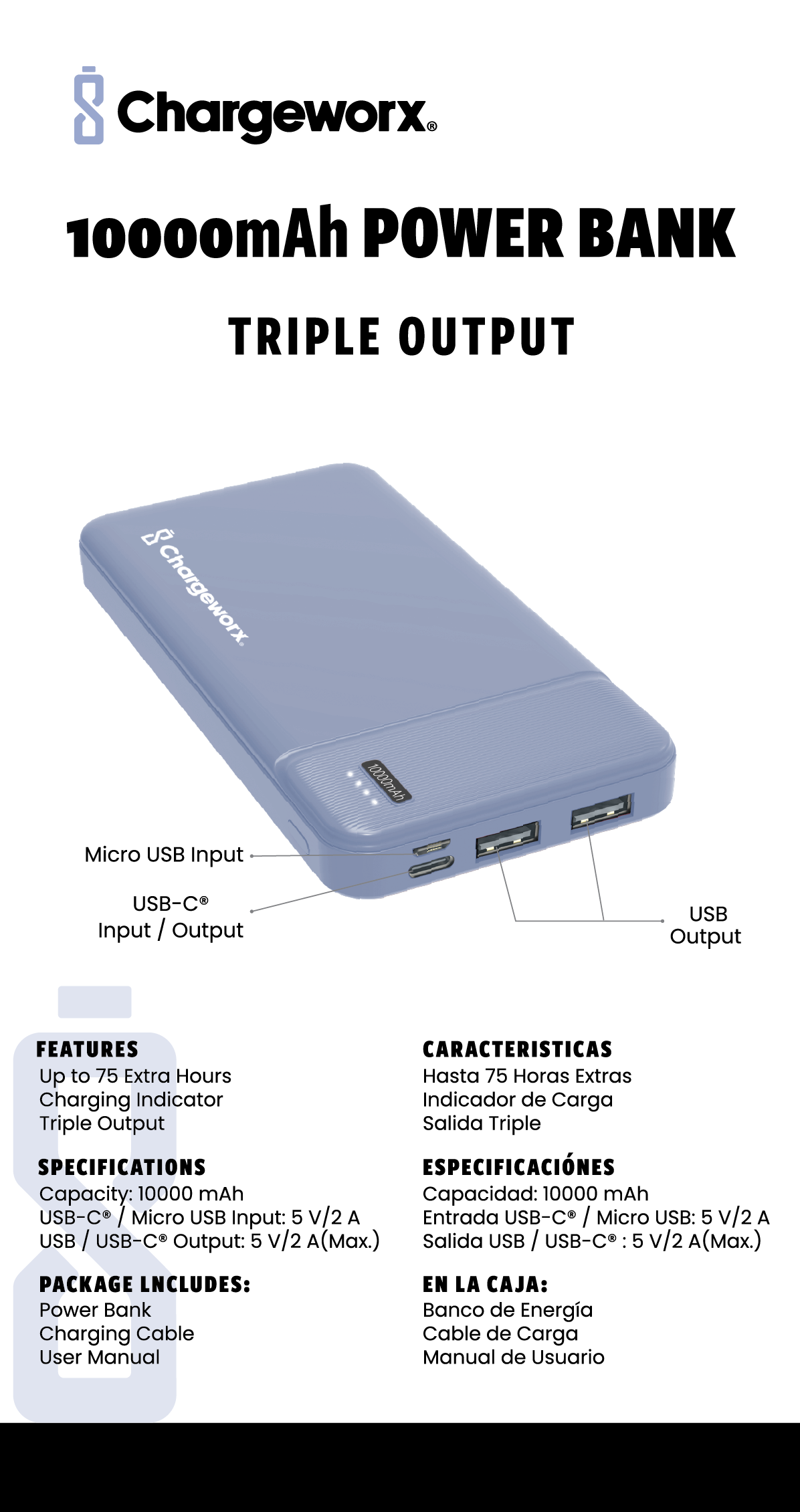 Chargeworx 10000mAh Power Bank – Portable Charger with Triple Output | USB-C, Micro USB & USB Ports | Up to 75 Extra Hours | Compact External Battery Pack for Phones, Tablets & More