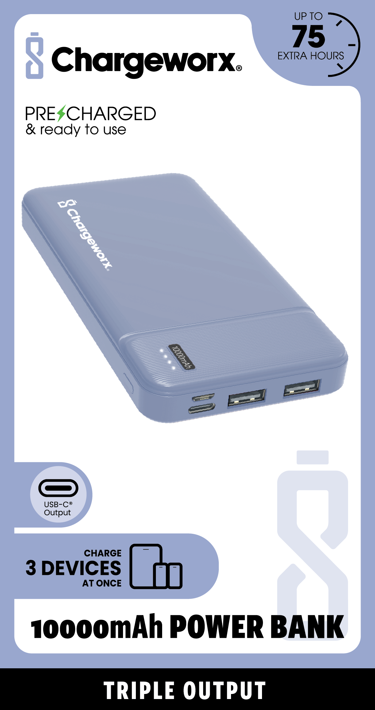Chargeworx 10000mAh Power Bank – Portable Charger with Triple Output | USB-C, Micro USB & USB Ports | Up to 75 Extra Hours | Compact External Battery Pack for Phones, Tablets & More