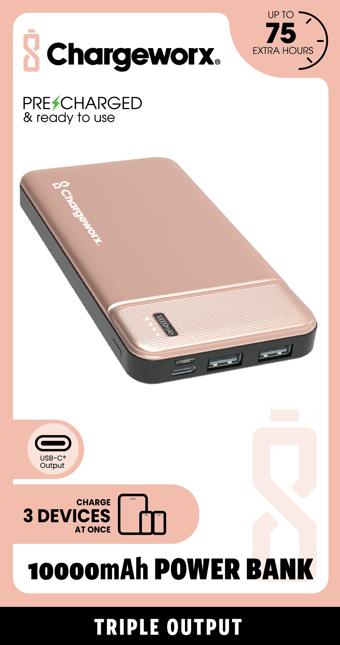 Chargeworx 10000mAh Power Bank – Portable Charger with Triple Output | USB-C, Micro USB & USB Ports | Up to 75 Extra Hours | Compact External Battery Pack for Phones, Tablets & More