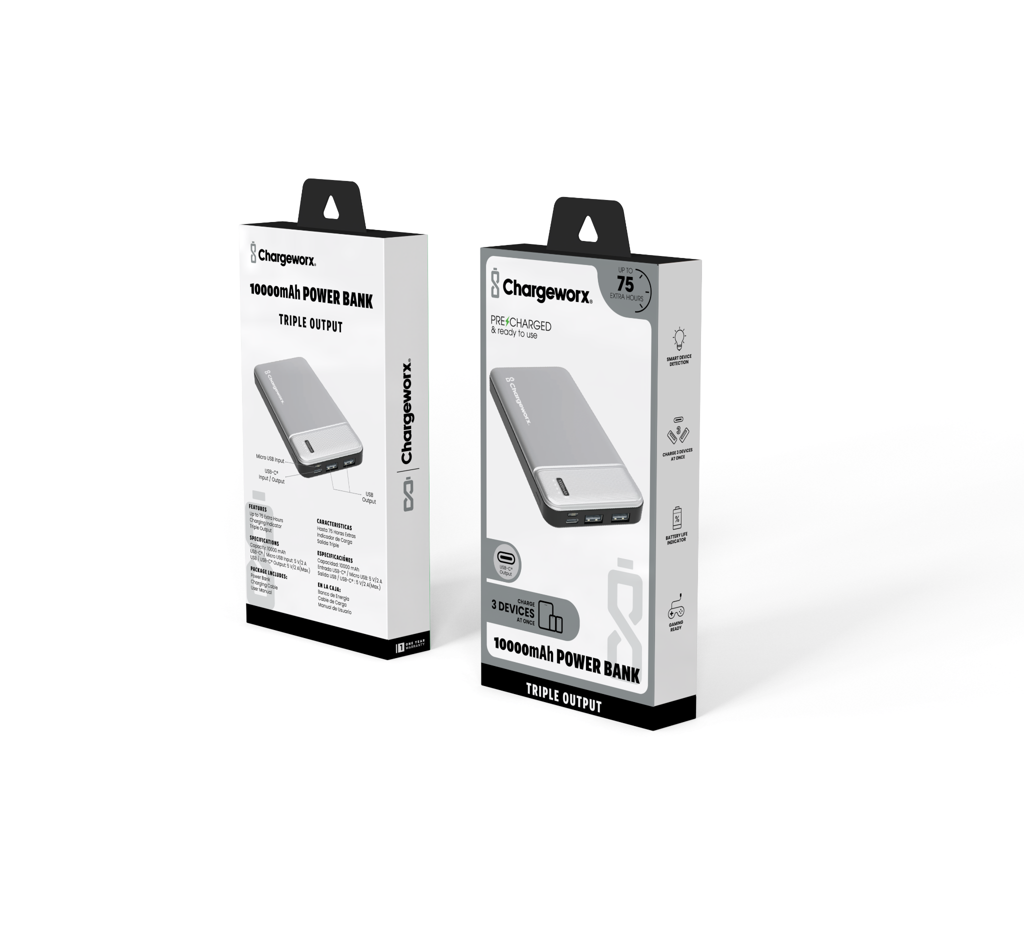 Chargeworx 10000mAh Power Bank – Portable Charger with Triple Output | USB-C, Micro USB & USB Ports | Up to 75 Extra Hours | Compact External Battery Pack for Phones, Tablets & More