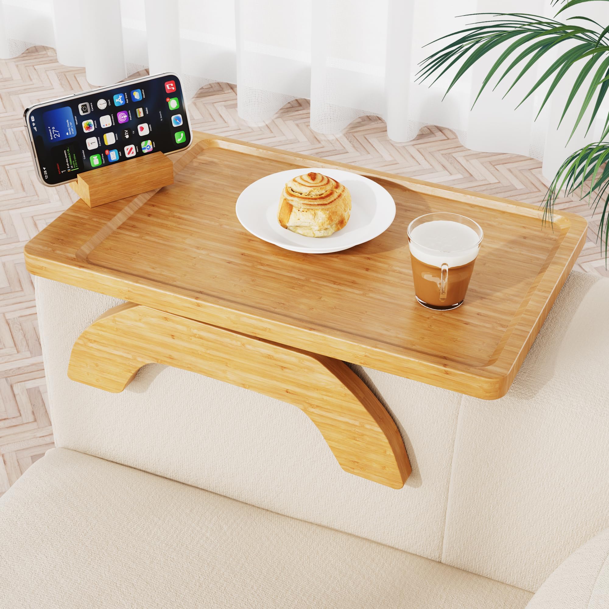 Bamboo Couch Tray Table, TV Tray Table, Folding Table, 2 to 12" Arms Fits More Sofas, 360 Rotating Phone & Tablet Mount, Folding Table for Small Spaces, Clamp on Anti Slip Grip, Ready Assembled