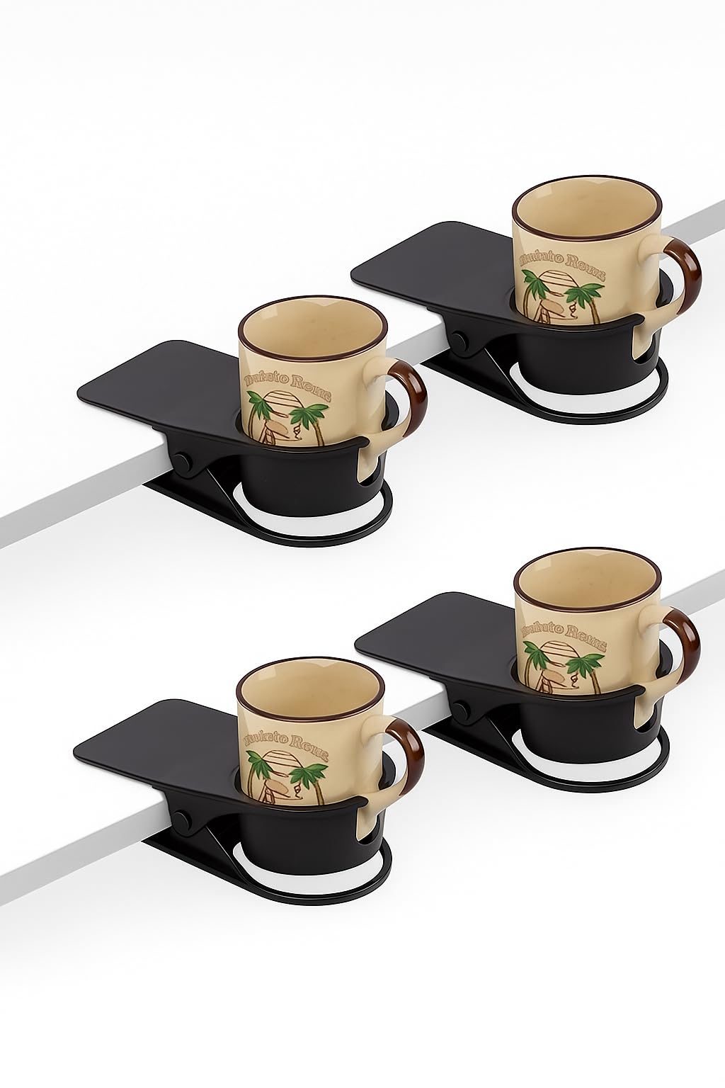Desk Cup Holder Clamp 4 Pack, Clip On Water Bottle & Mug Holder, Phone Slot Office Desk Accessories, Coffee Bar Organizer, Fits Cans & Tumblers, Grips Up To 1.6 in Thick, 4Lb Capacity, Gaming Setups