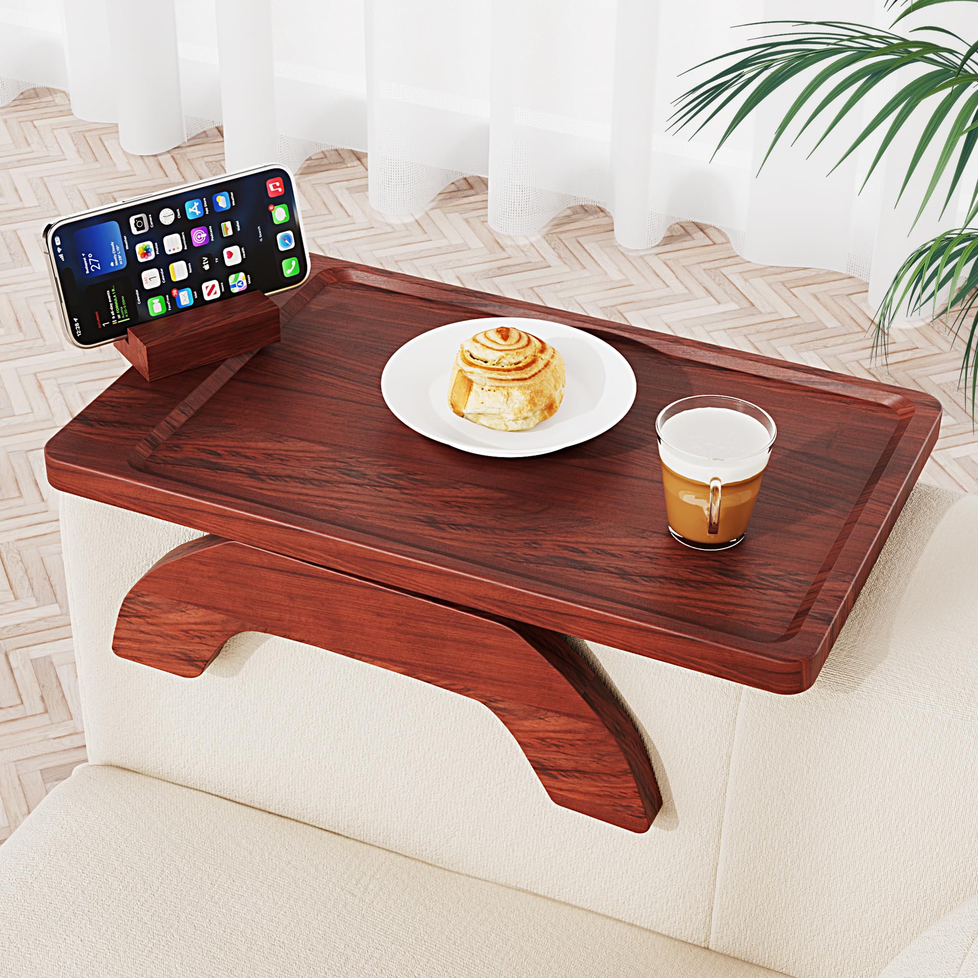 Folding Couch TV Tray Table, Couch Arm Tray, Clamp on 2-12" Arms, Brown Fits Roll, Track, Slope & Cushioned Arms, 360° Device Mount, For Apartments, Dorms & RVs, Couch Side Table