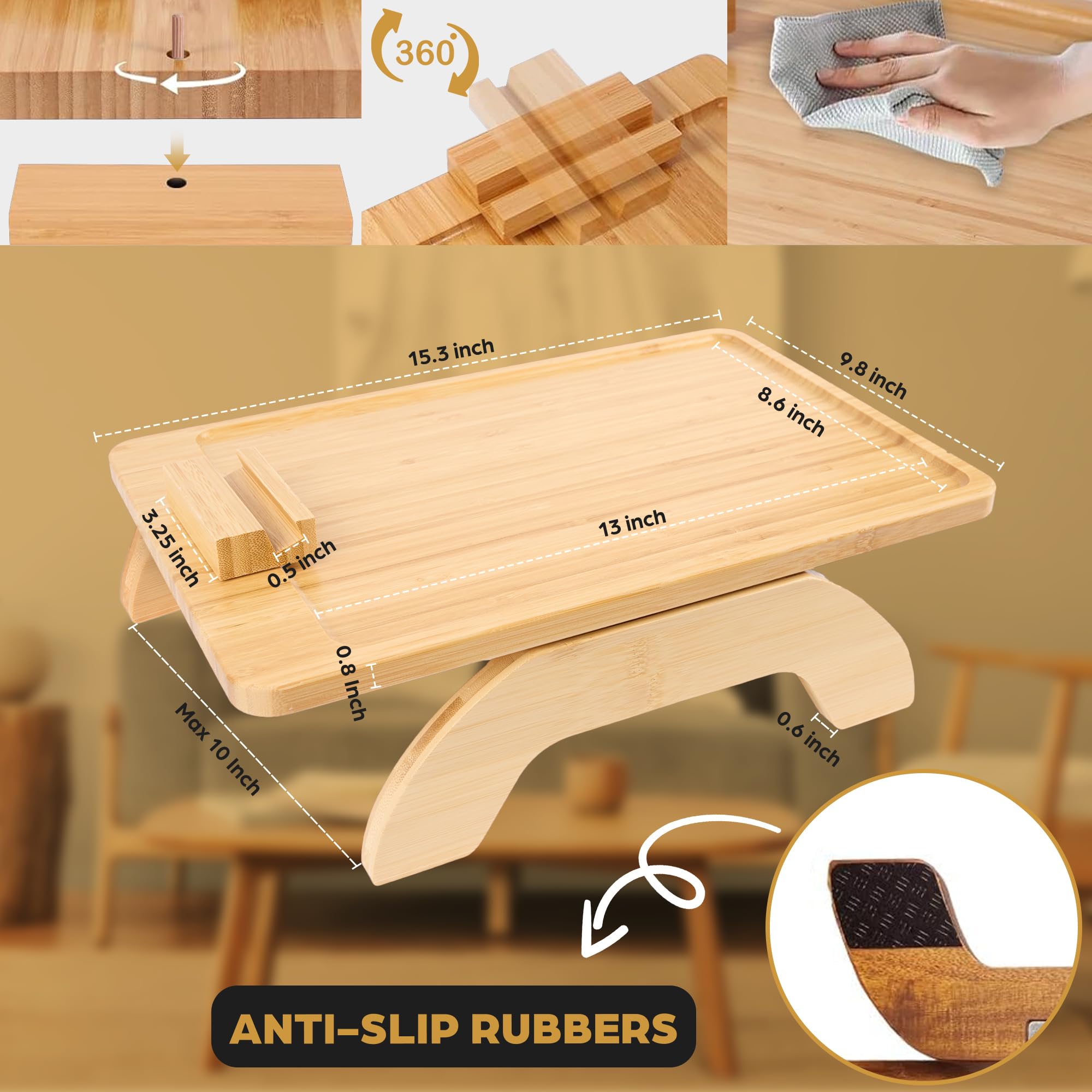 Bamboo Couch Tray Table, TV Tray Table, Folding Table, 2 to 12" Arms Fits More Sofas, 360 Rotating Phone & Tablet Mount, Folding Table for Small Spaces, Clamp on Anti Slip Grip, Ready Assembled