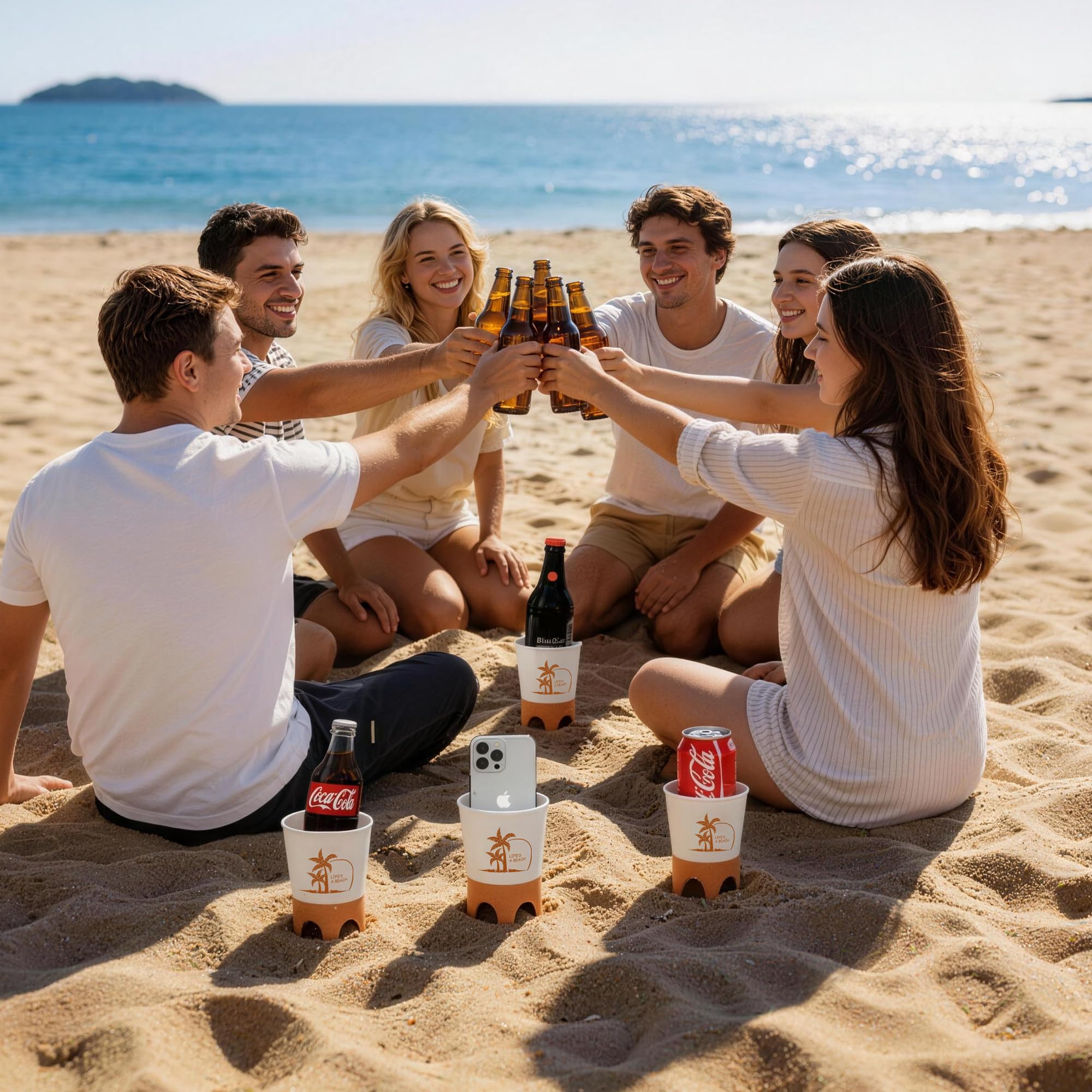 Beach Cup Holders, Sand Spiker, Bottle Opener, 4 Pack, Sand Drink Holders Multi Spike Base Keeps Drinks & Phones Upright in Wet or Dry Sand, Hidden Opener, Packs Flat for Travel, Beach Essentials