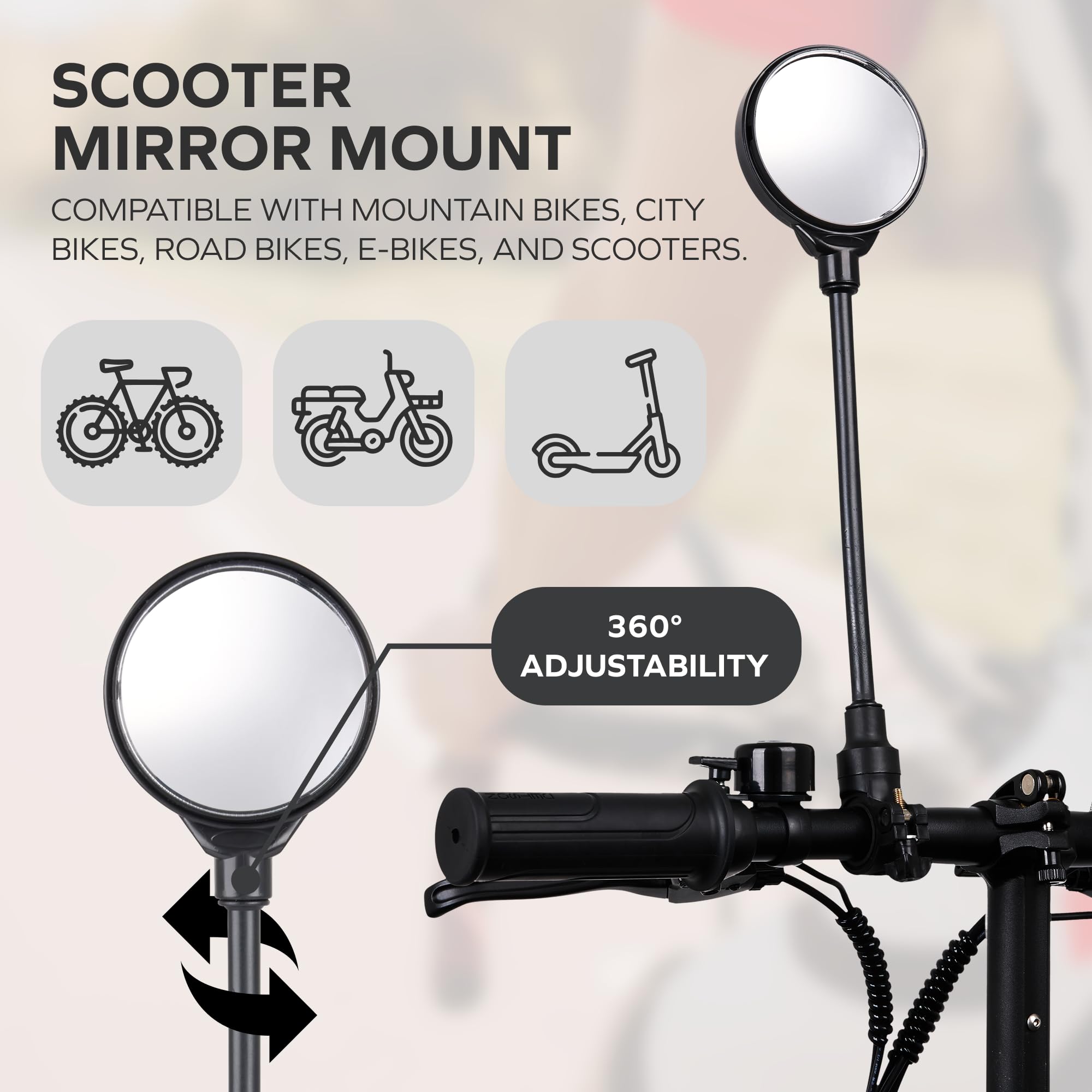 Bike Mirror Handlebar Mount, Bicycle Rear View Mirror, E Bike Accessories Fits E Bike & Electric Scooter, Stays Tight, Bicycle Accessories, Universal Fit Scooter Mirrors, Bicycle Mirror, 22.2-25mm