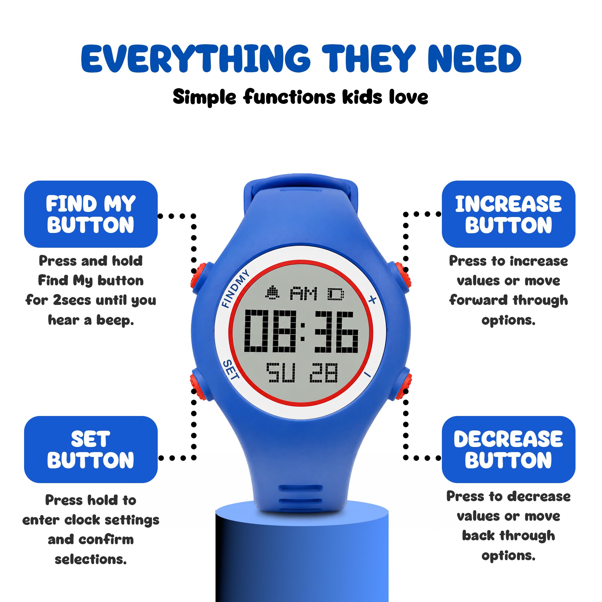 CHARGEWORX CX5361 Smart Location Watch, Works with Apple Find My, Bluetooth Item Tracker with Digital Clock