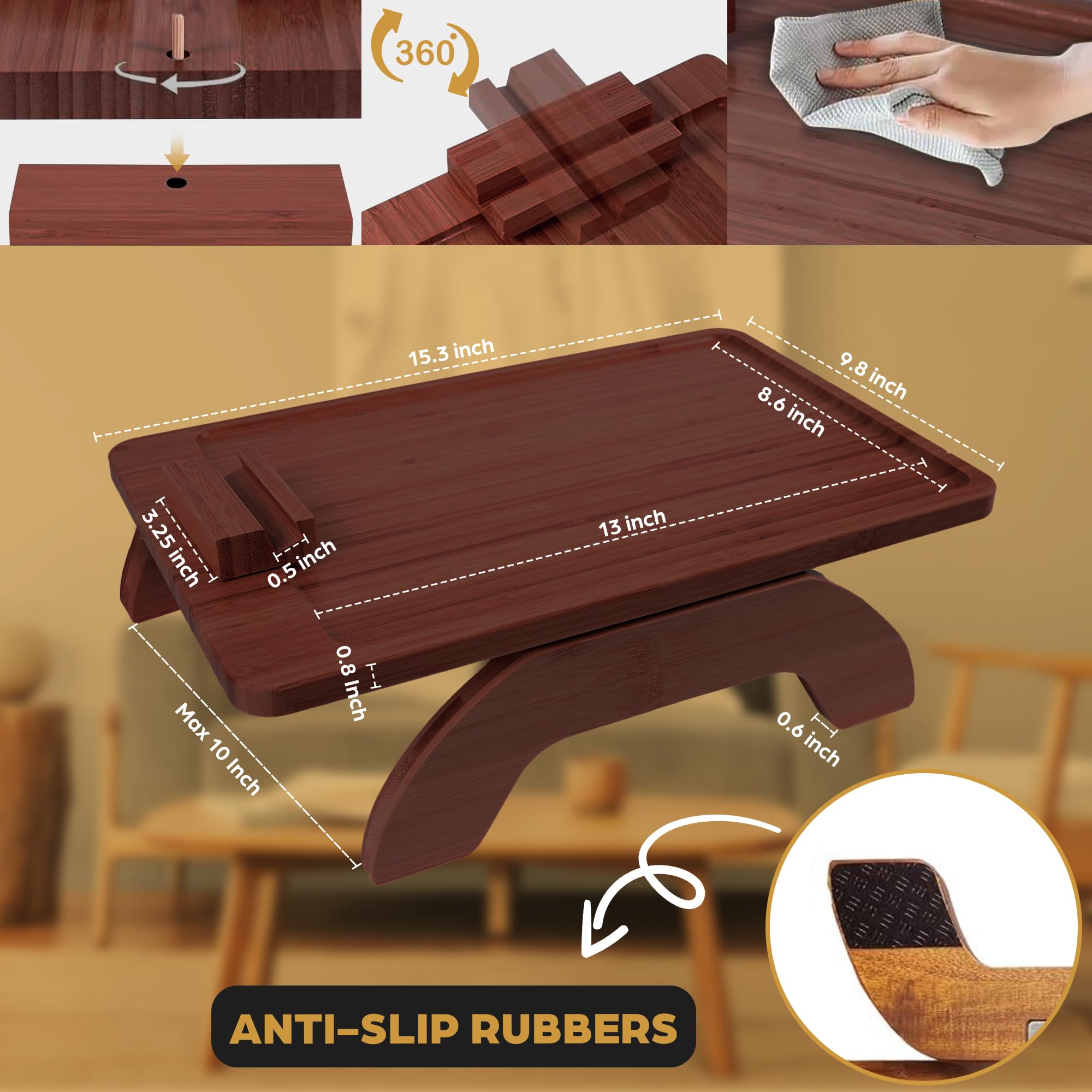 Folding Couch TV Tray Table, Couch Arm Tray, Clamp on 2-12" Arms, Brown Fits Roll, Track, Slope & Cushioned Arms, 360° Device Mount, For Apartments, Dorms & RVs, Couch Side Table