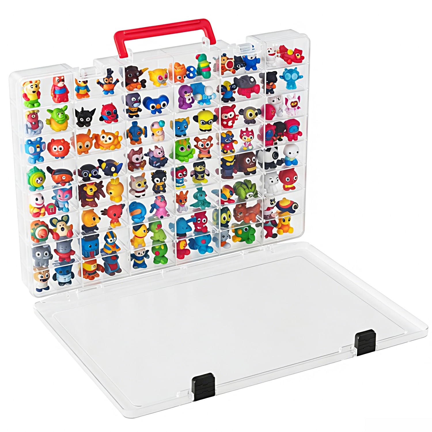 Clear Plastic Tackle Box Organizer for Small Toys & Tools, 48 Compartments Built-In Handle, Latch Closure, Fits Under Bed, Action Figure Accessories Storage Case, Parts Organizer, Mini Figure Case