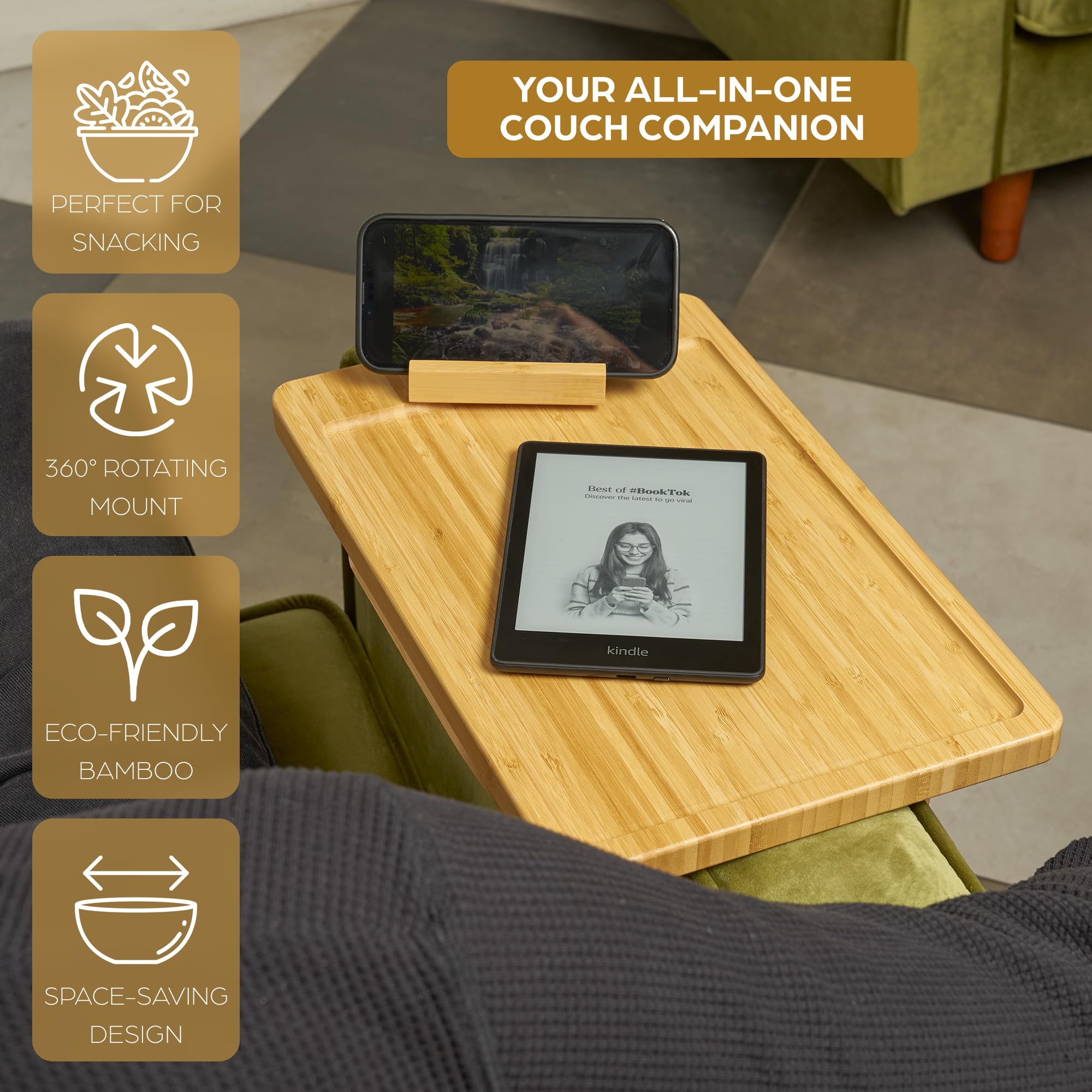 Bamboo Couch Tray Table, TV Tray Table, Folding Table, 2 to 12" Arms Fits More Sofas, 360 Rotating Phone & Tablet Mount, Folding Table for Small Spaces, Clamp on Anti Slip Grip, Ready Assembled