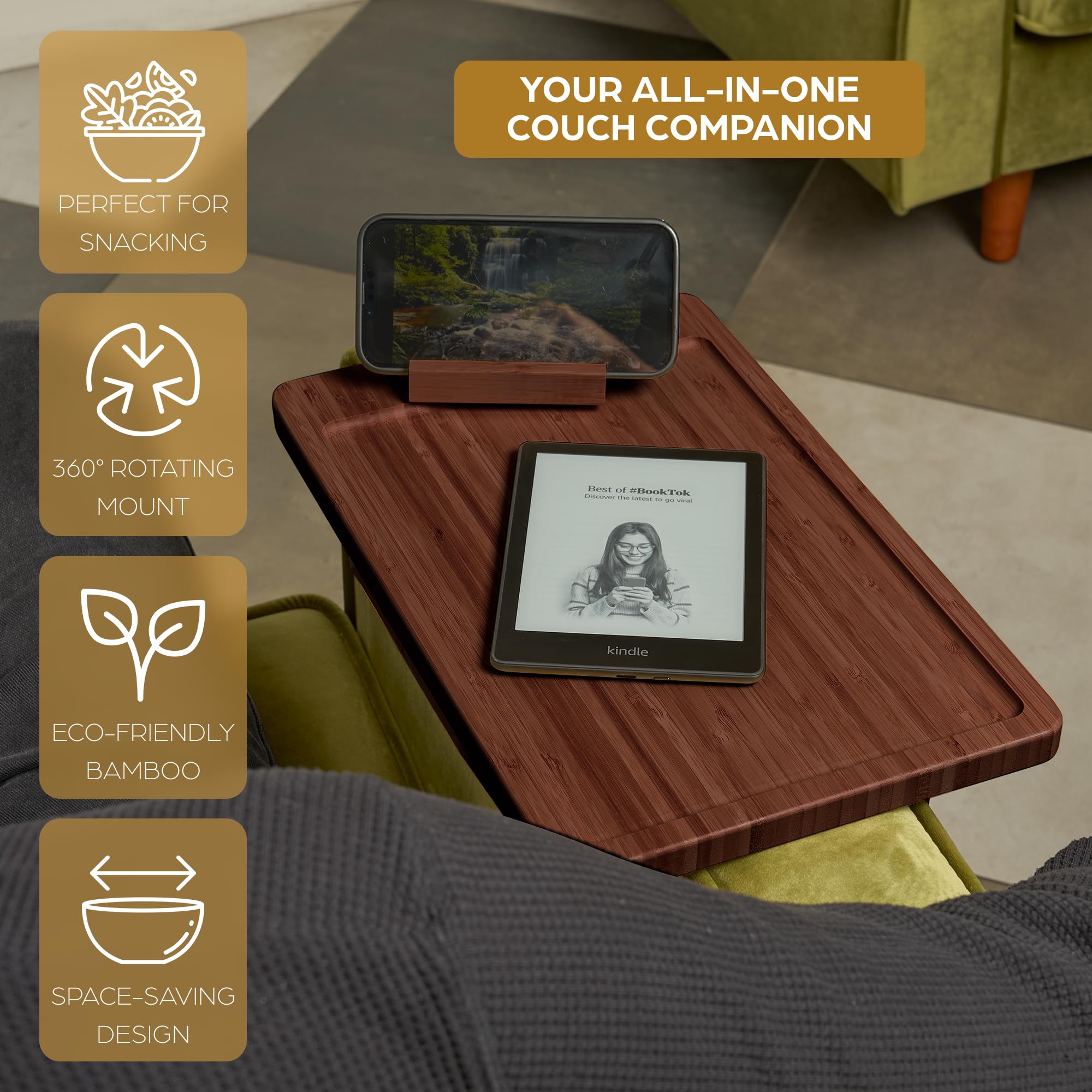 Folding Couch TV Tray Table, Couch Arm Tray, Clamp on 2-12" Arms, Brown Fits Roll, Track, Slope & Cushioned Arms, 360° Device Mount, For Apartments, Dorms & RVs, Couch Side Table