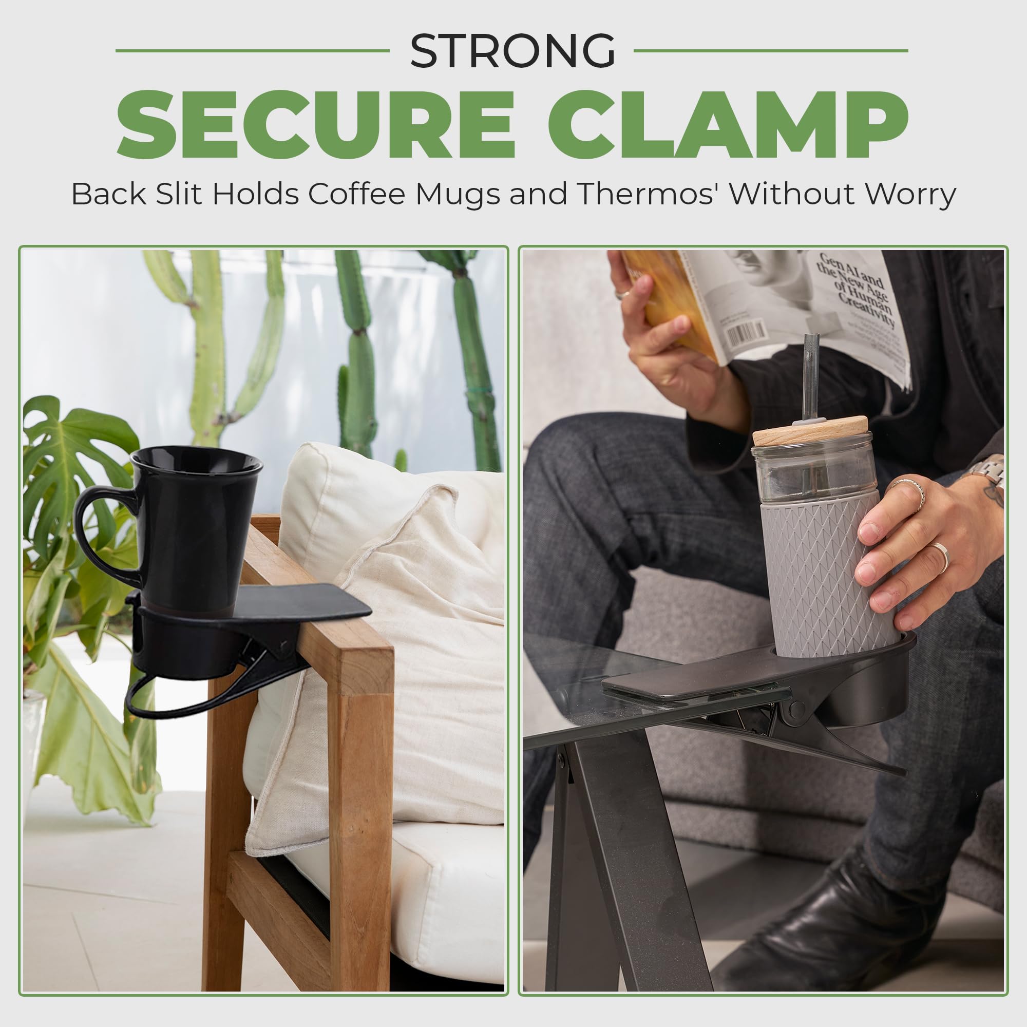Desk Cup Holder Clamp 4 Pack, Clip On Water Bottle & Mug Holder, Phone Slot Office Desk Accessories, Coffee Bar Organizer, Fits Cans & Tumblers, Grips Up To 1.6 in Thick, 4Lb Capacity, Gaming Setups