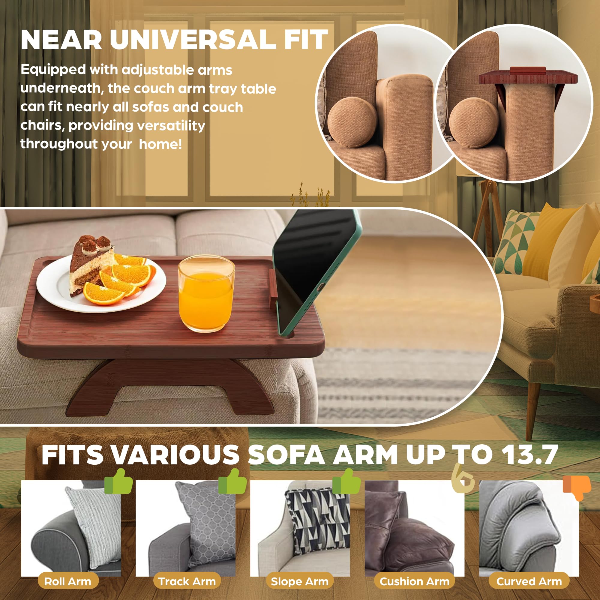 Folding Couch TV Tray Table, Couch Arm Tray, Clamp on 2-12" Arms, Brown Fits Roll, Track, Slope & Cushioned Arms, 360° Device Mount, For Apartments, Dorms & RVs, Couch Side Table