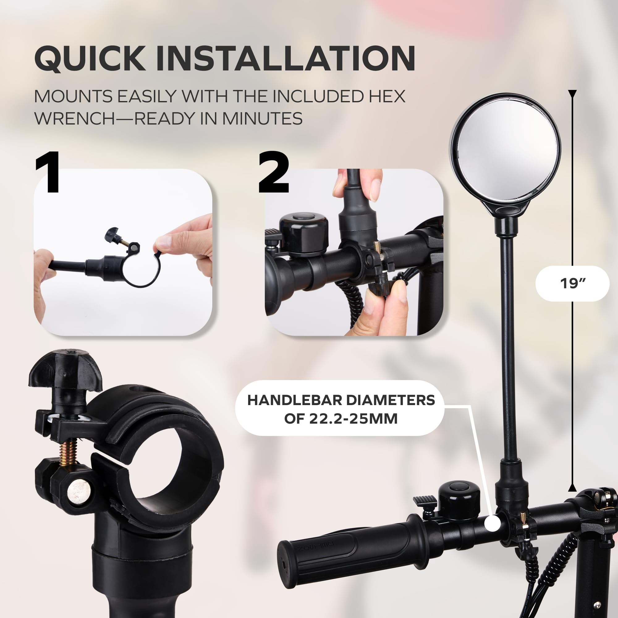 Bike Mirror Handlebar Mount, Bicycle Rear View Mirror, E Bike Accessories Fits E Bike & Electric Scooter, Stays Tight, Bicycle Accessories, Universal Fit Scooter Mirrors, Bicycle Mirror, 22.2-25mm