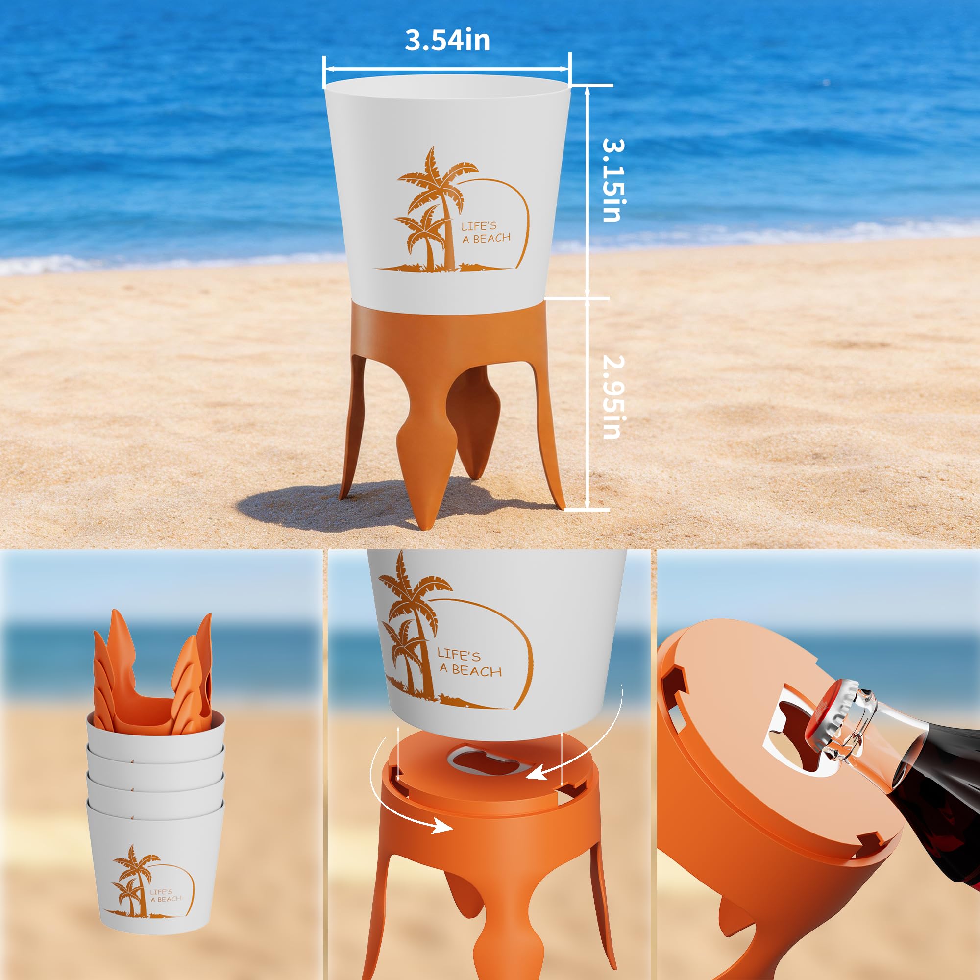 Beach Cup Holders, Sand Spiker, Bottle Opener, 4 Pack, Sand Drink Holders Multi Spike Base Keeps Drinks & Phones Upright in Wet or Dry Sand, Hidden Opener, Packs Flat for Travel, Beach Essentials