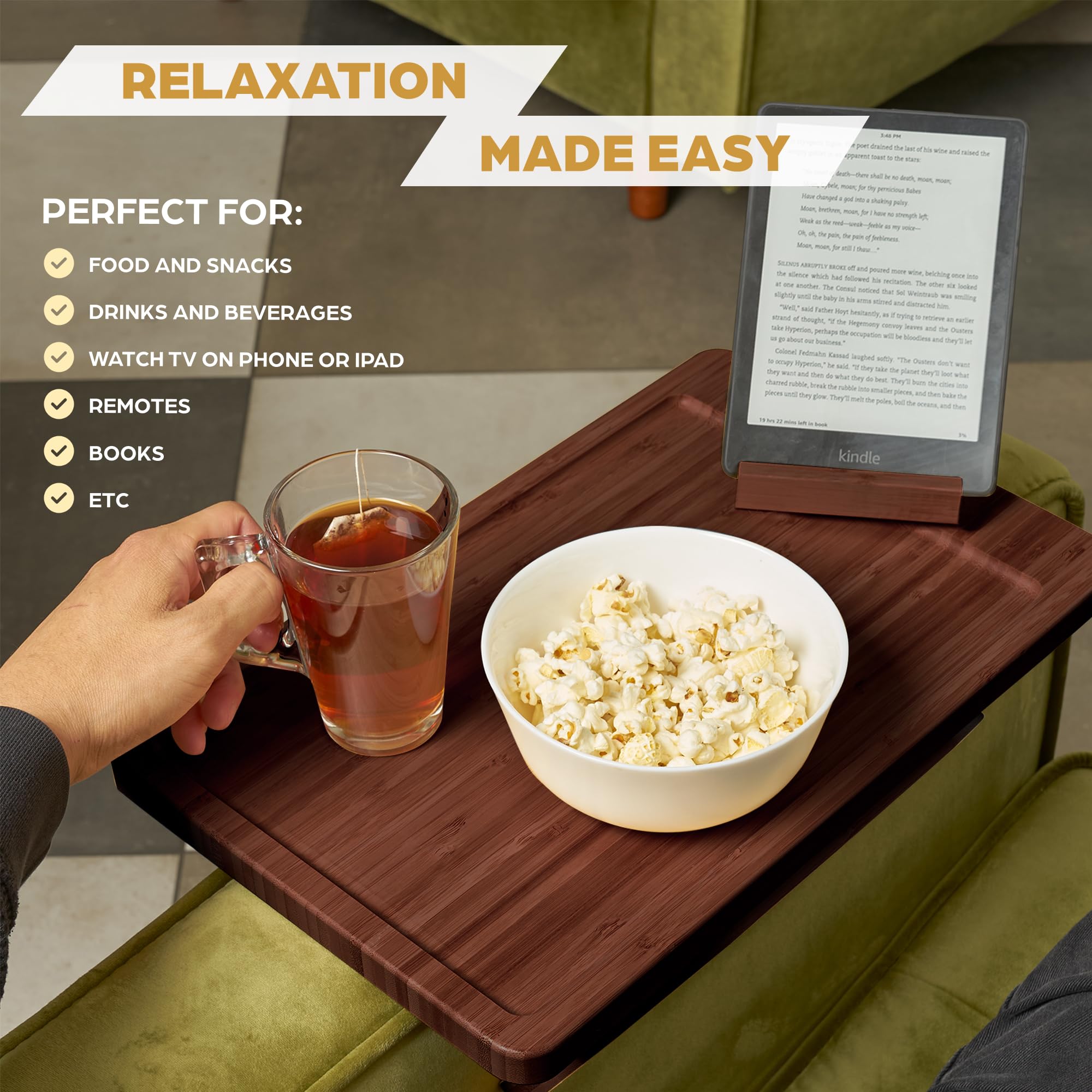 Folding Couch TV Tray Table, Couch Arm Tray, Clamp on 2-12" Arms, Brown Fits Roll, Track, Slope & Cushioned Arms, 360° Device Mount, For Apartments, Dorms & RVs, Couch Side Table