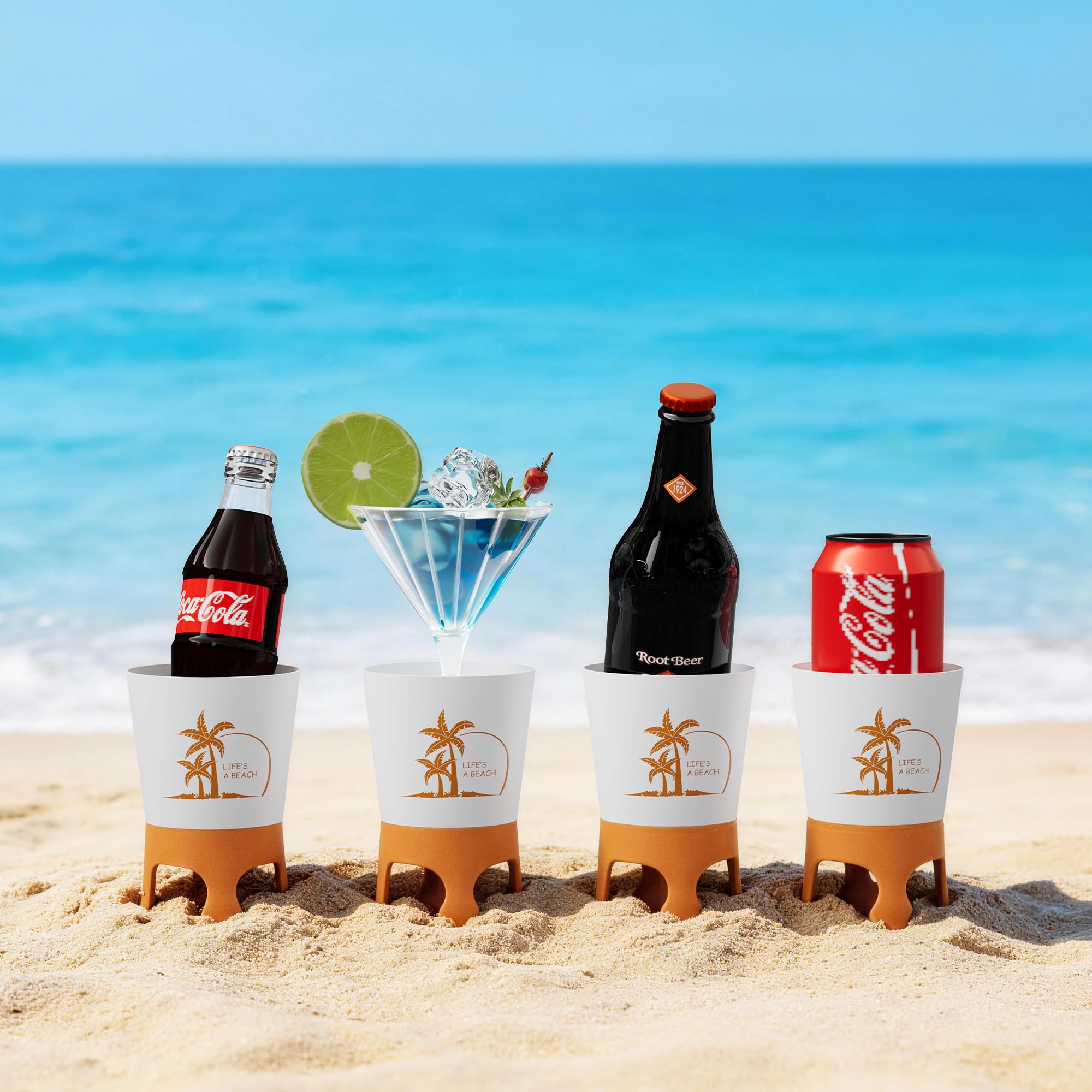 Beach Cup Holders, Sand Spiker, Bottle Opener, 4 Pack, Sand Drink Holders Multi Spike Base Keeps Drinks & Phones Upright in Wet or Dry Sand, Hidden Opener, Packs Flat for Travel, Beach Essentials