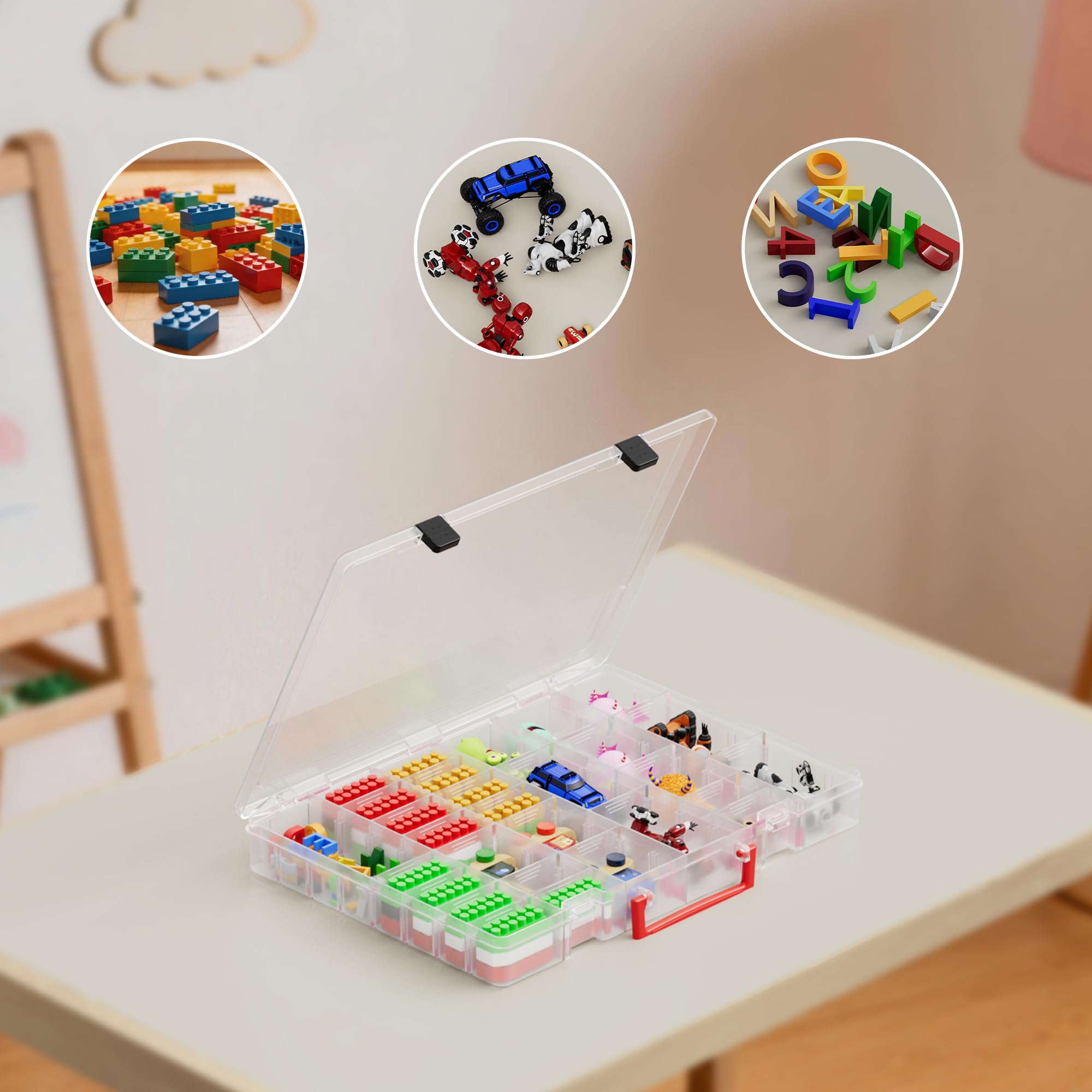 Clear Plastic Tackle Box Organizer for Small Toys & Tools, 48 Compartments Built-In Handle, Latch Closure, Fits Under Bed, Action Figure Accessories Storage Case, Parts Organizer, Mini Figure Case