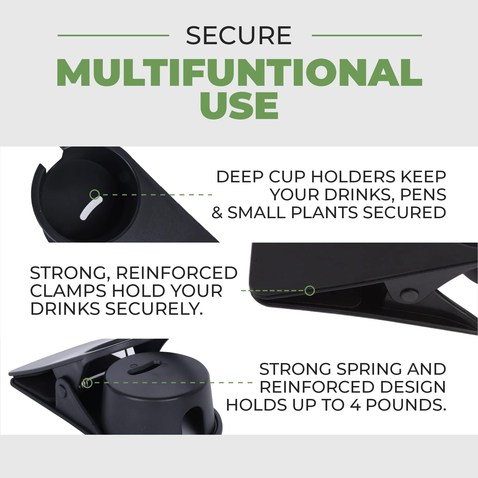 Desk Cup Holder Clamp 4 Pack, Clip On Water Bottle & Mug Holder, Phone Slot Office Desk Accessories, Coffee Bar Organizer, Fits Cans & Tumblers, Grips Up To 1.6 in Thick, 4Lb Capacity, Gaming Setups