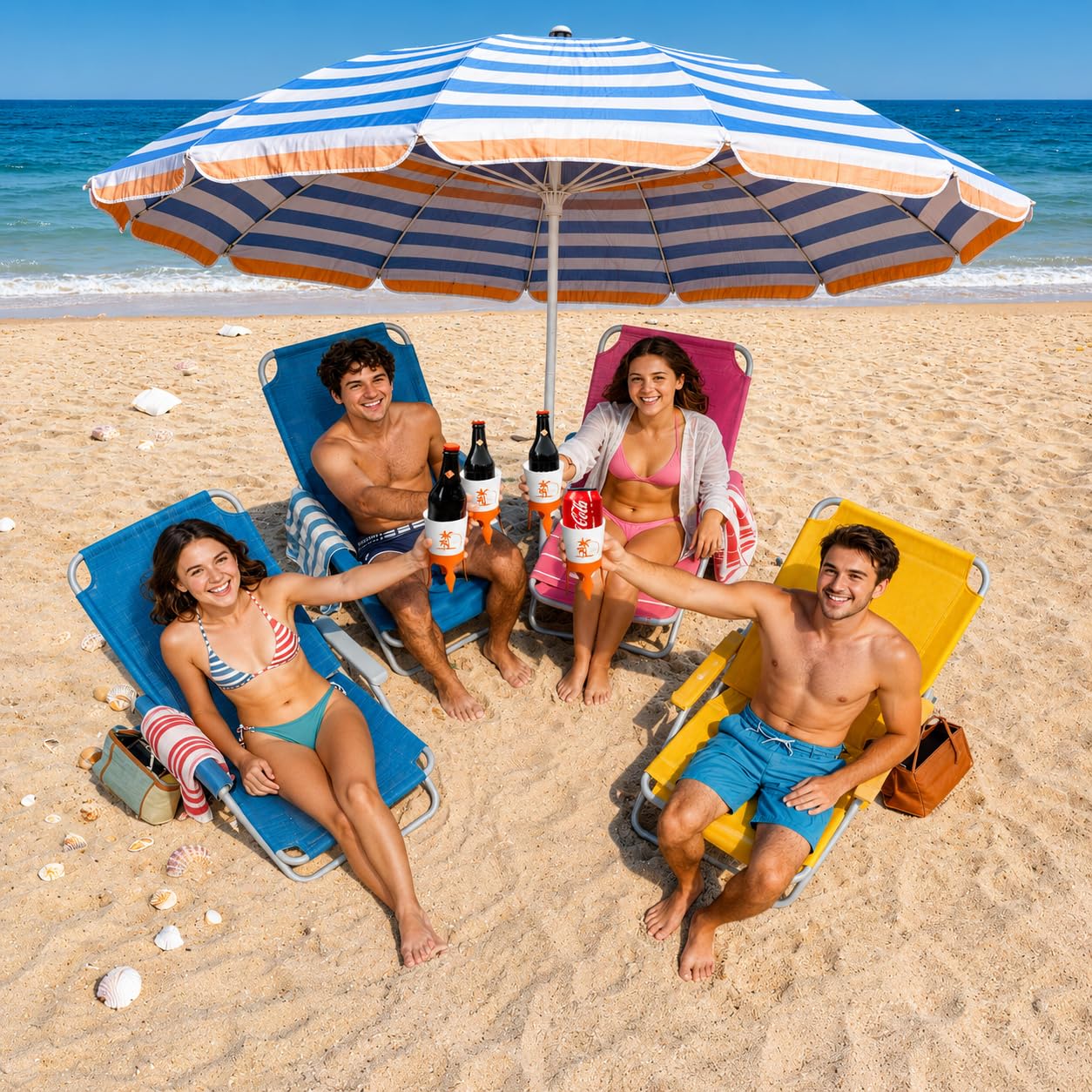 Beach Cup Holders, Sand Spiker, Bottle Opener, 4 Pack, Sand Drink Holders Multi Spike Base Keeps Drinks & Phones Upright in Wet or Dry Sand, Hidden Opener, Packs Flat for Travel, Beach Essentials