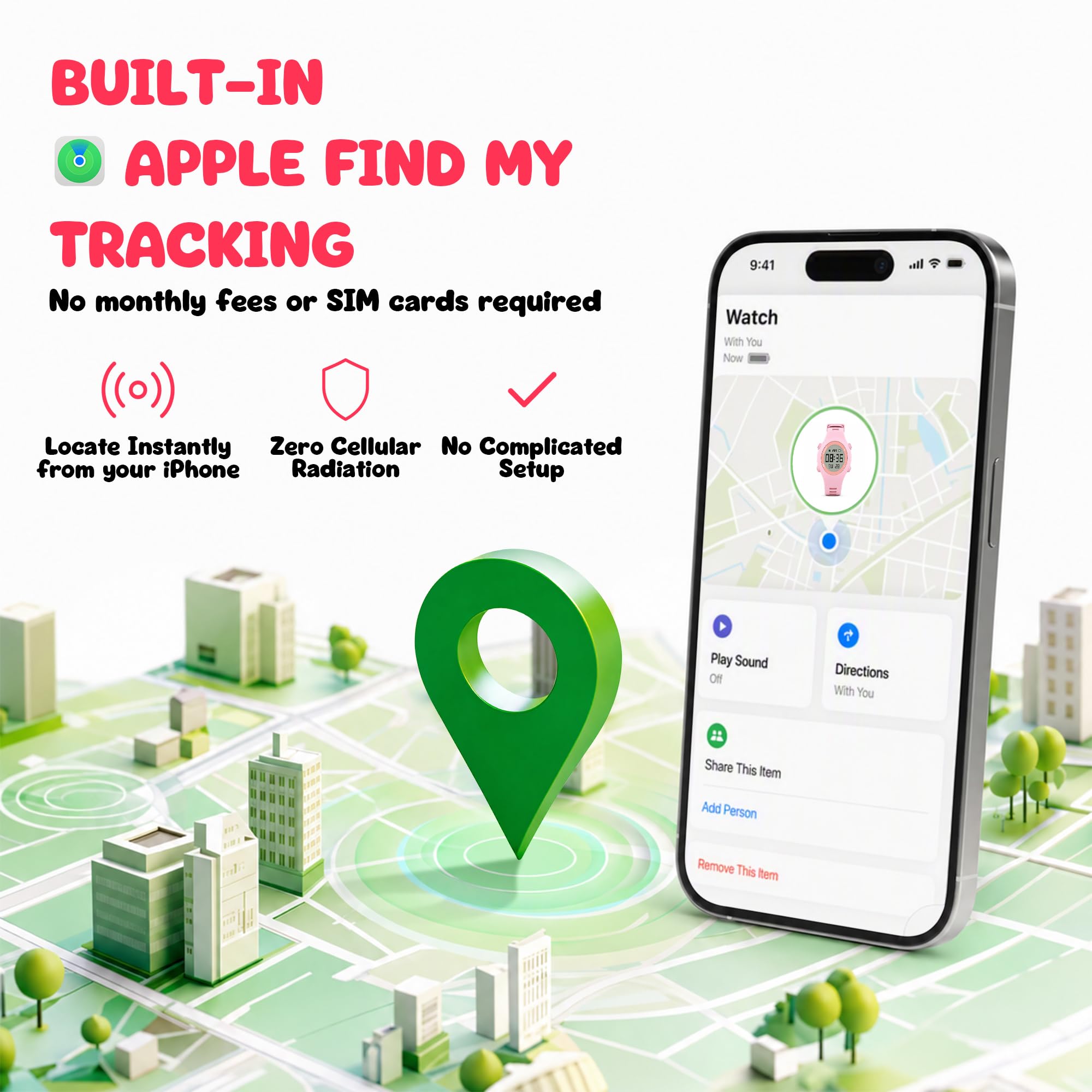 Kids Tracker Watch, Works w/ Apple Find My, Bluetooth Item Tracker Built-In