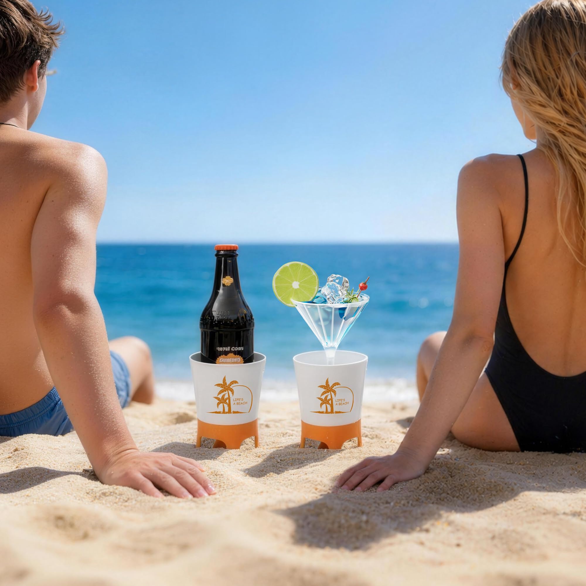 Beach Cup Holders, Sand Spiker, Bottle Opener, 4 Pack, Sand Drink Holders Multi Spike Base Keeps Drinks & Phones Upright in Wet or Dry Sand, Hidden Opener, Packs Flat for Travel, Beach Essentials