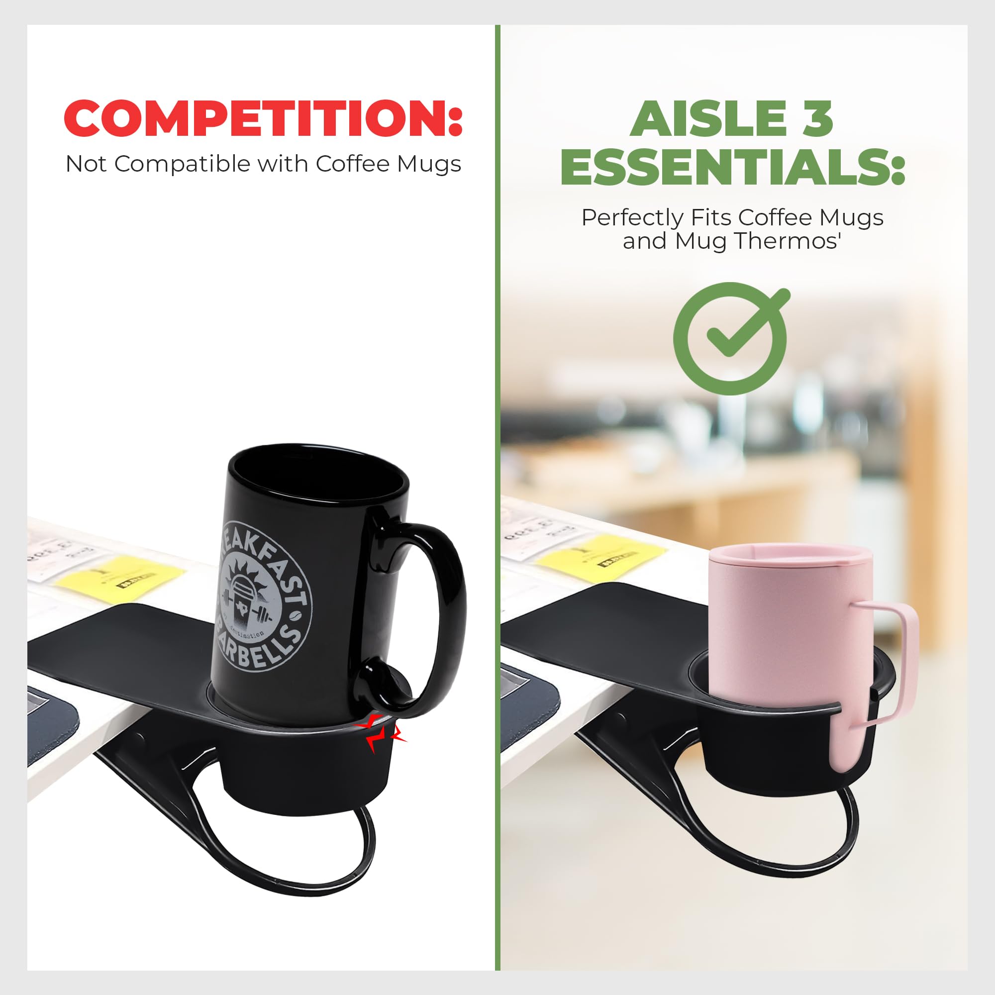 Desk Cup Holder Clamp 4 Pack, Clip On Water Bottle & Mug Holder, Phone Slot Office Desk Accessories, Coffee Bar Organizer, Fits Cans & Tumblers, Grips Up To 1.6 in Thick, 4Lb Capacity, Gaming Setups