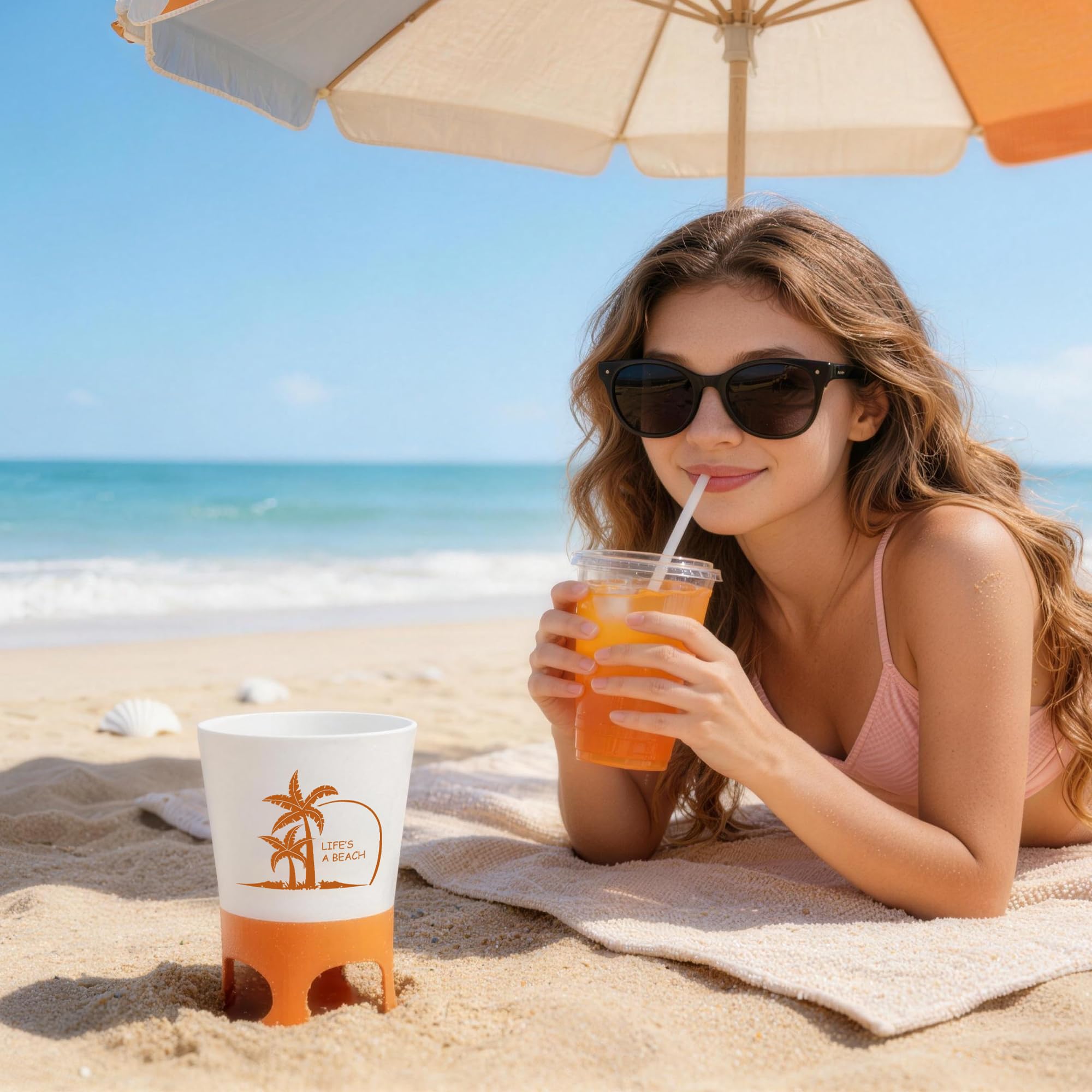 Beach Cup Holders, Sand Spiker, Bottle Opener, 4 Pack, Sand Drink Holders Multi Spike Base Keeps Drinks & Phones Upright in Wet or Dry Sand, Hidden Opener, Packs Flat for Travel, Beach Essentials