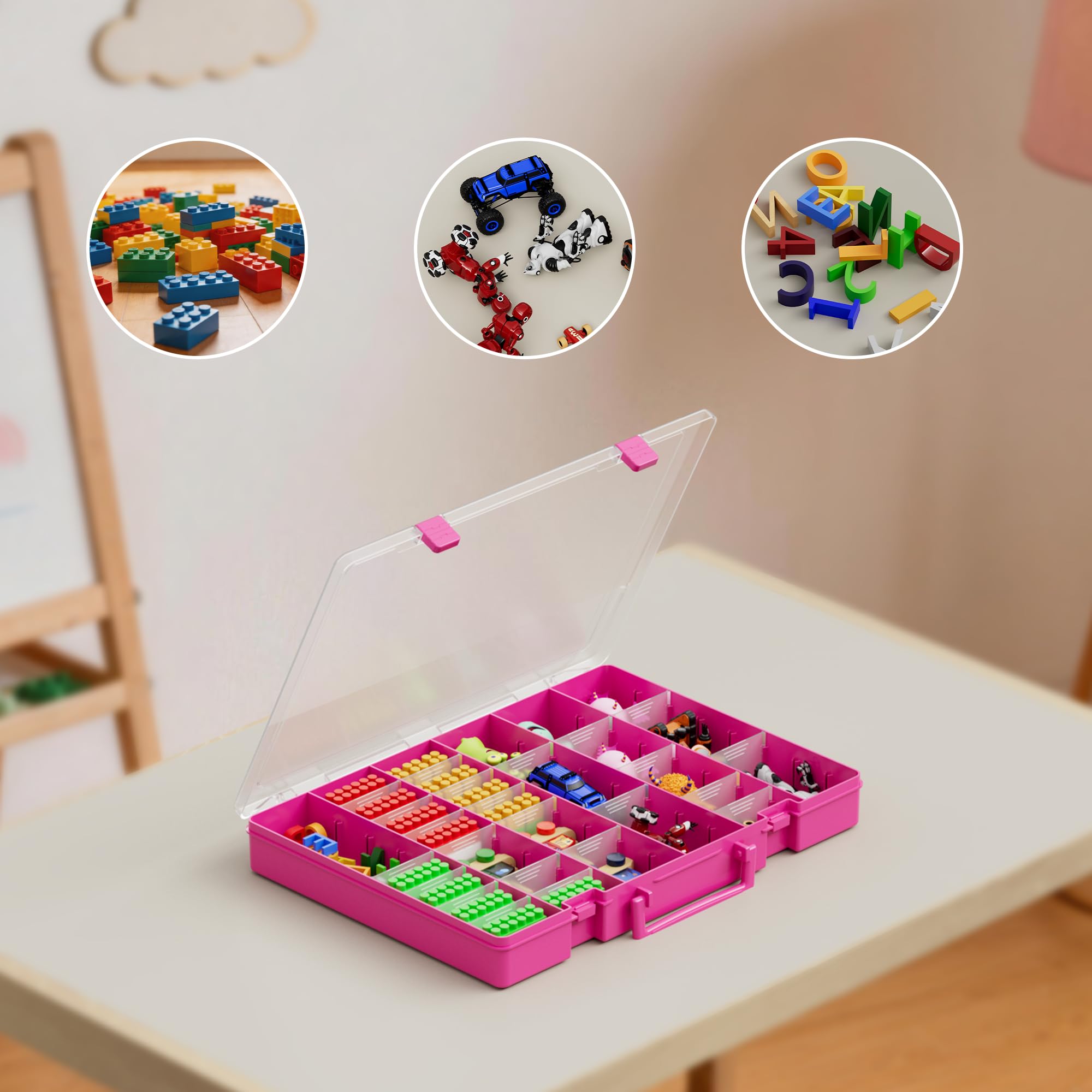 48 Compartment Clear Toy Storage Organizer, Adjustable Dividers, Parts Case Jewelry Beads Craft Hardware Tackle Box, Built In Handle, Secure Latch, Sturdy See Through Design, Display Shelf Collectibles
