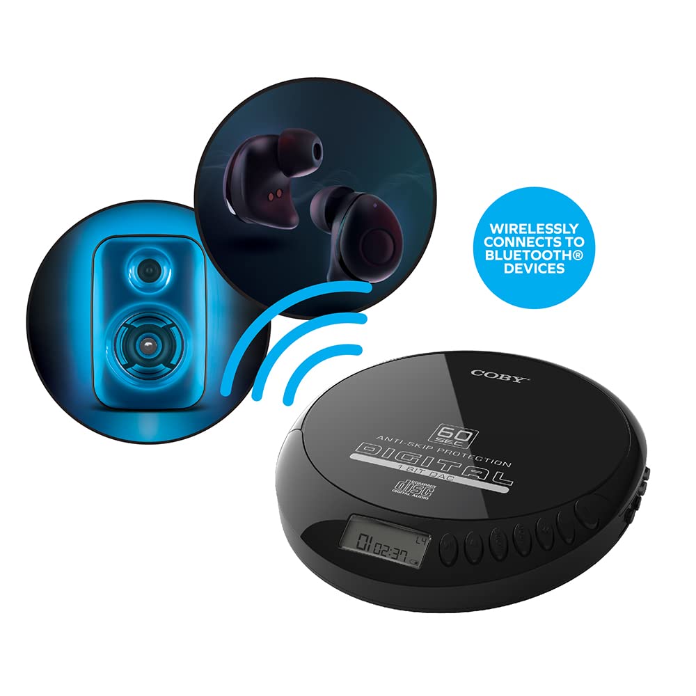 Coby Bluetooth CD Player Portable, FM, AUX, MP3 Anti-Skip Compact Discman