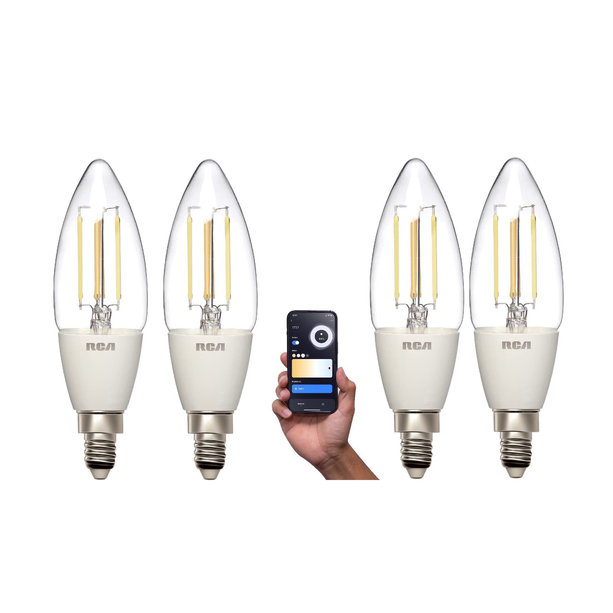 RCA Dimmable and Tunable Wi-Fi Amber LED Smart Light Bulbs, Vintage B11, 4W, 320 Lumens, 6-Pack