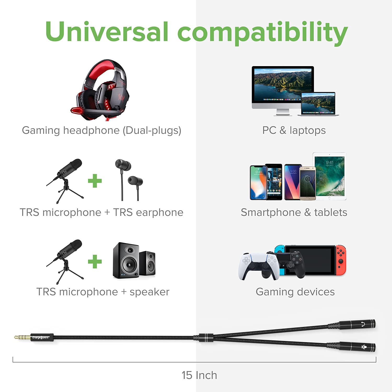 Chargeworx 3.5mm Mic & Headphone Jack Splitter Audio Y Adapter