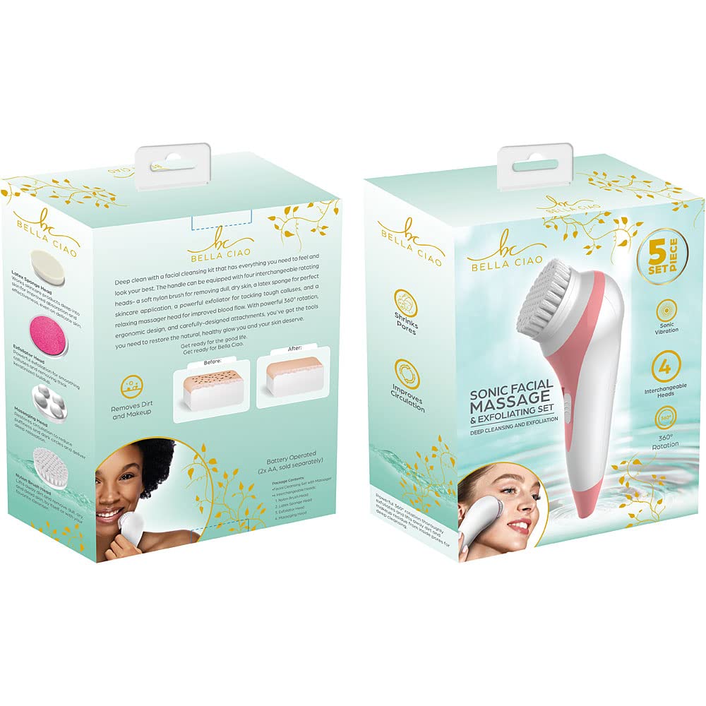 Bella Ciao 5-Piece Sonic Facial Cleansing Brush Set, Pink
