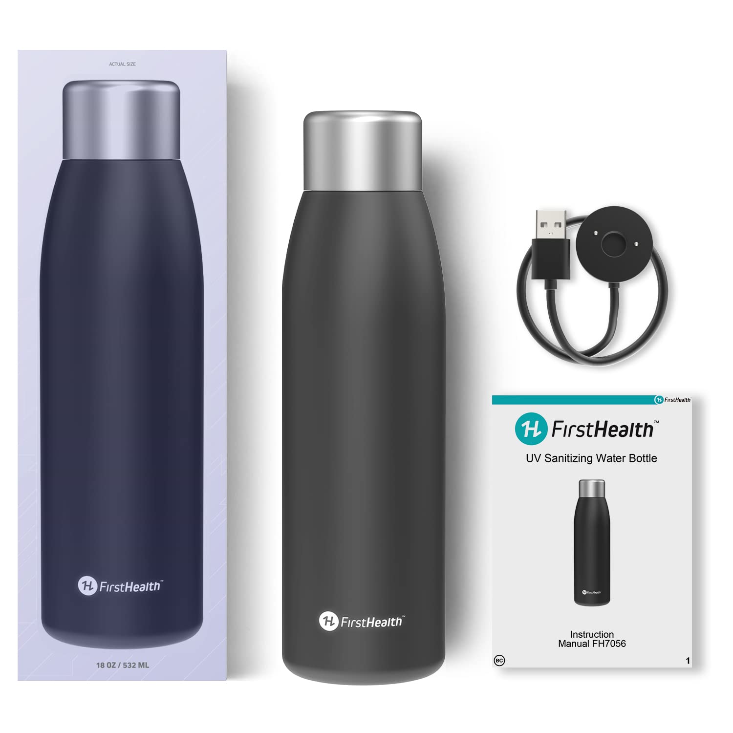 First Health Self Cleaning Insulated Stainless-Steel UV Water Bottle