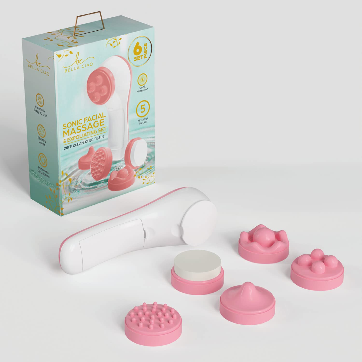 Bella Ciao 6-Piece Cordless Facial Massage Exfoliating Set for Women (Pink)